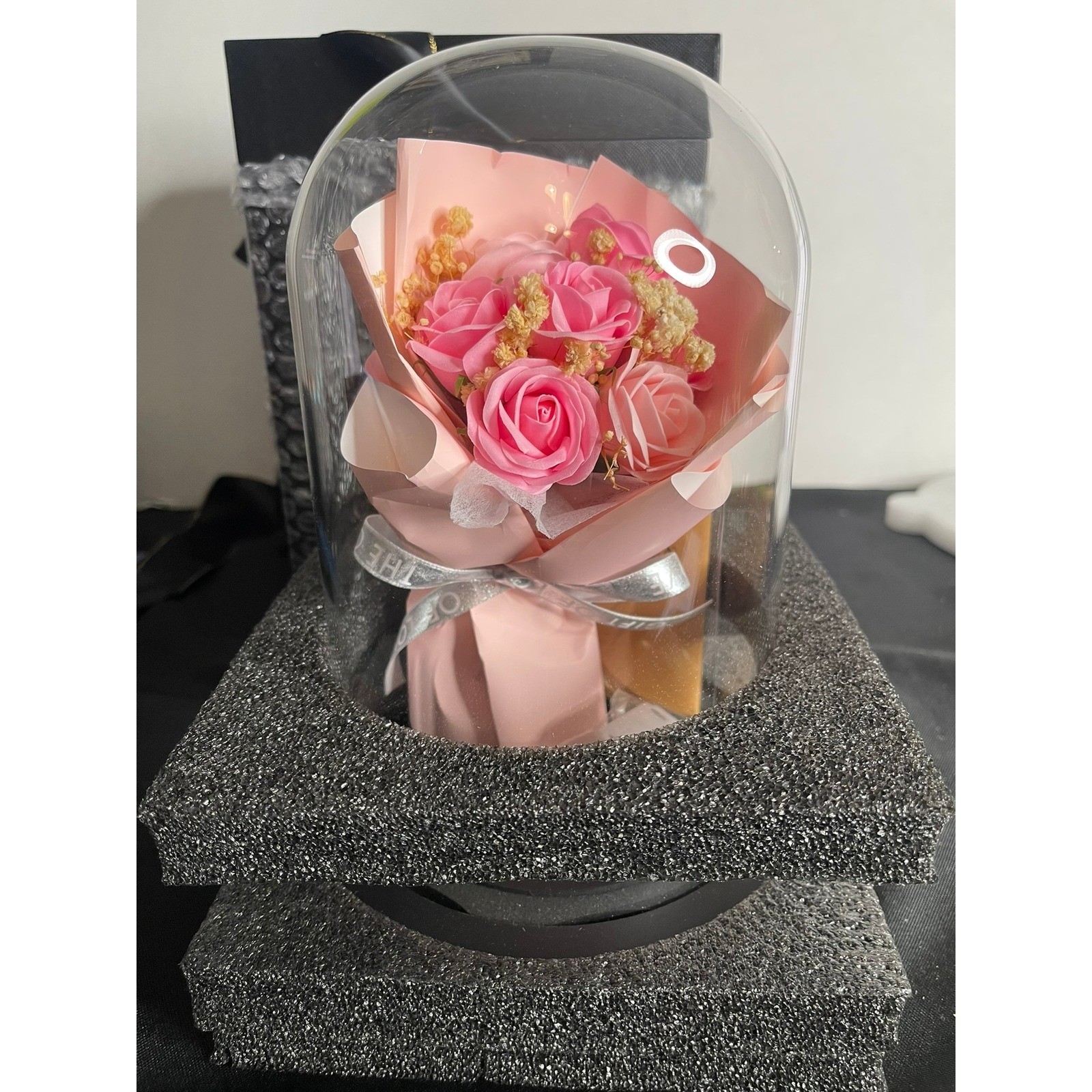 Preserved Pink Soap Rose Bouquet in Glass Dome with LED Lights and Gift Box