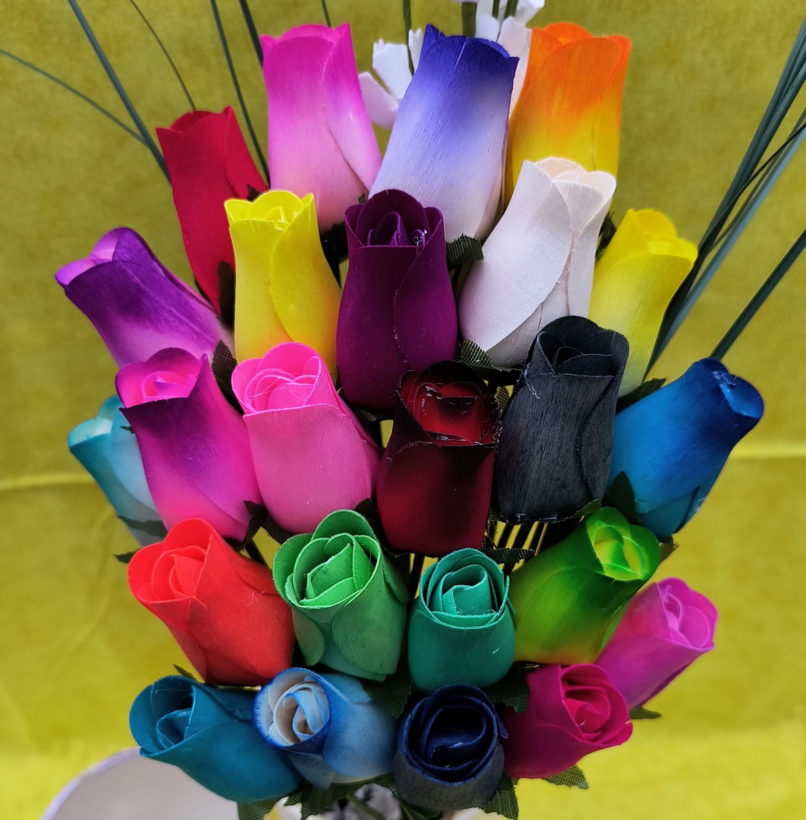 Assorted Colors Wooden Rose Closed Bud Bouquets 2 Dozen Floral Decor Gift