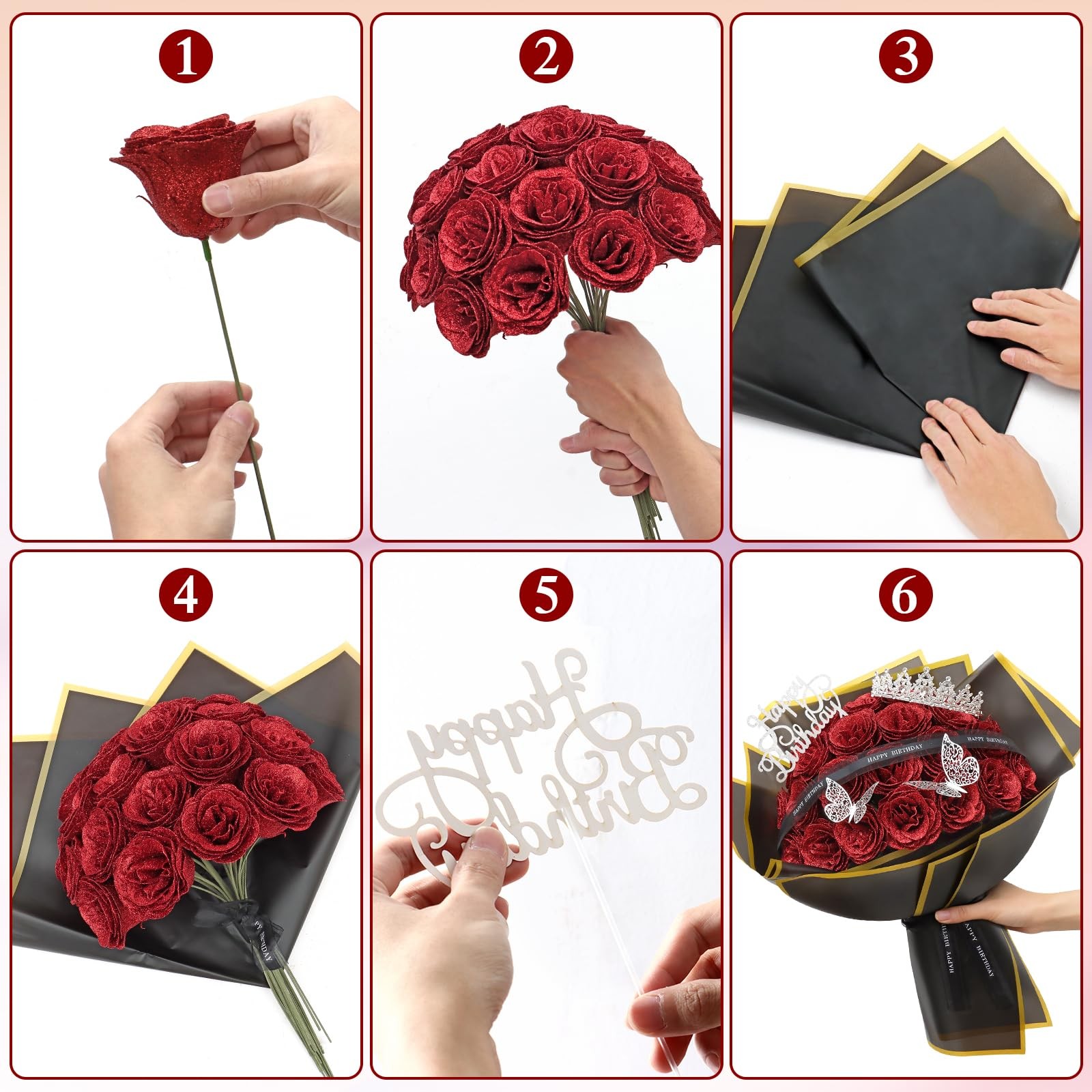 24 PCS Red Glitter Roses Bouquet Fake Flowers With Birthday StandUp Signs DIY