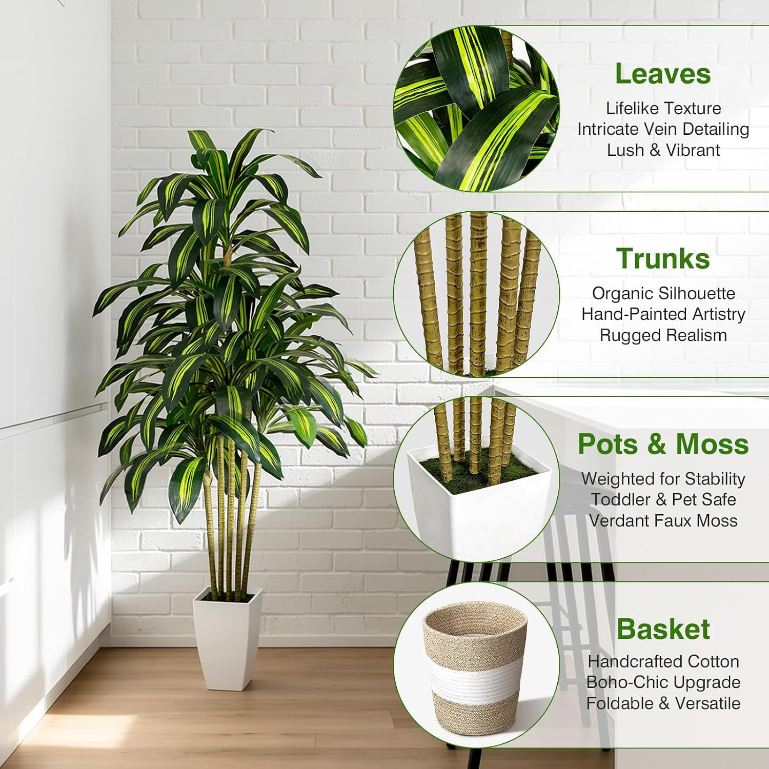 5FT Artificial Dracaena Tree – Tall Faux Dracaena with White Planter, Artificial