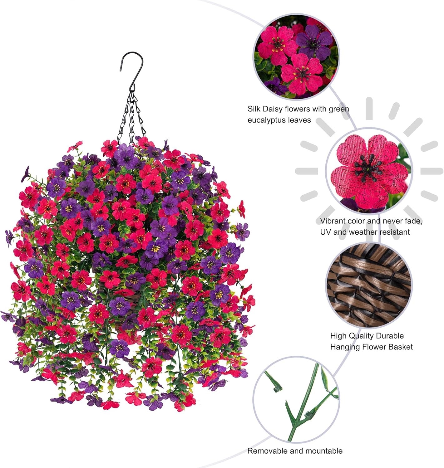 Artificial Hanging Flowers Basket for Outdoor, Fake Flowers Faux Plants Look …