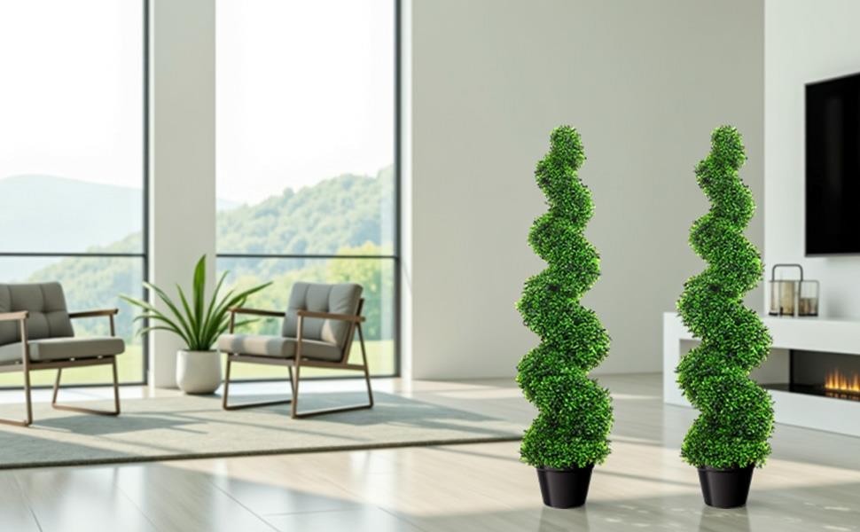2PCS 3.5FT Artificial Boxwood Spiral Topiary Trees PE Artificial Plants Indoor