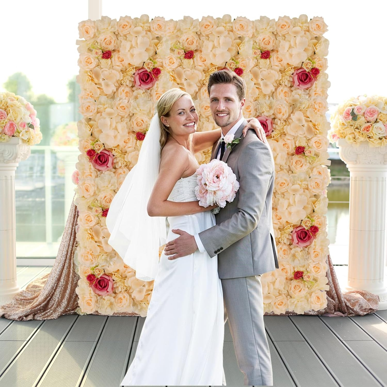 Champagne & Red 3D Flower Wall Backdrop – 12 Pcs Silk Rose Panels