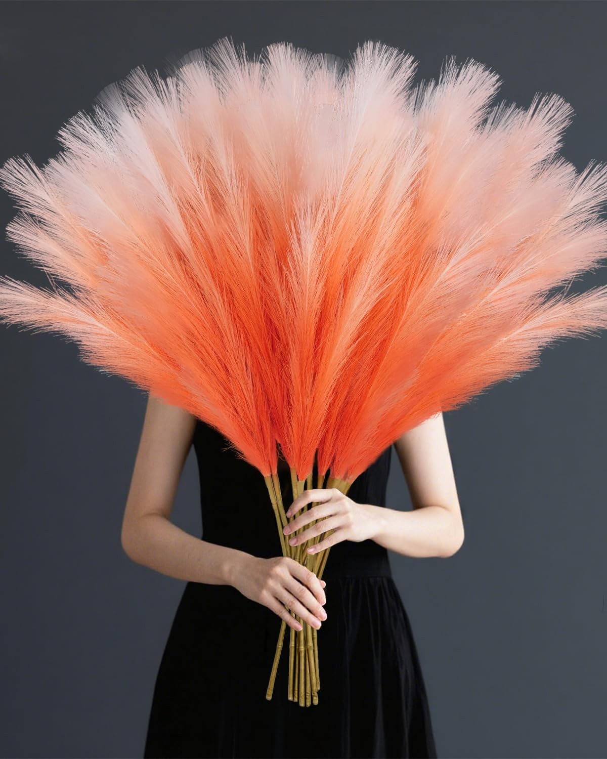 8Pcs Orange Faux Pampas Grass Tall Decor, 35.4” Fluffy Artificial Pompous Gra…