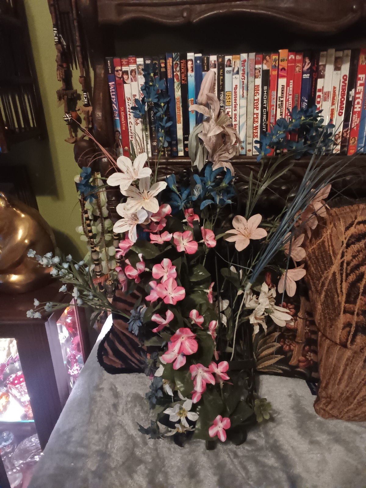 Large HODA black Iron metal half cage wall artificial flower arrangement.