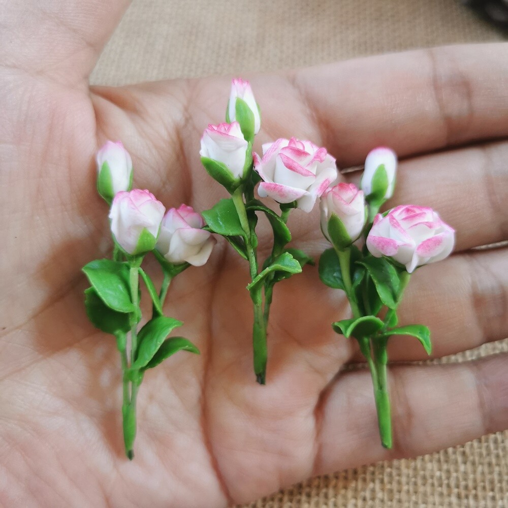 Bloom White Rose Pink Edges Flower Miniature Dollhouse 3 Bunches Flowers Decor
