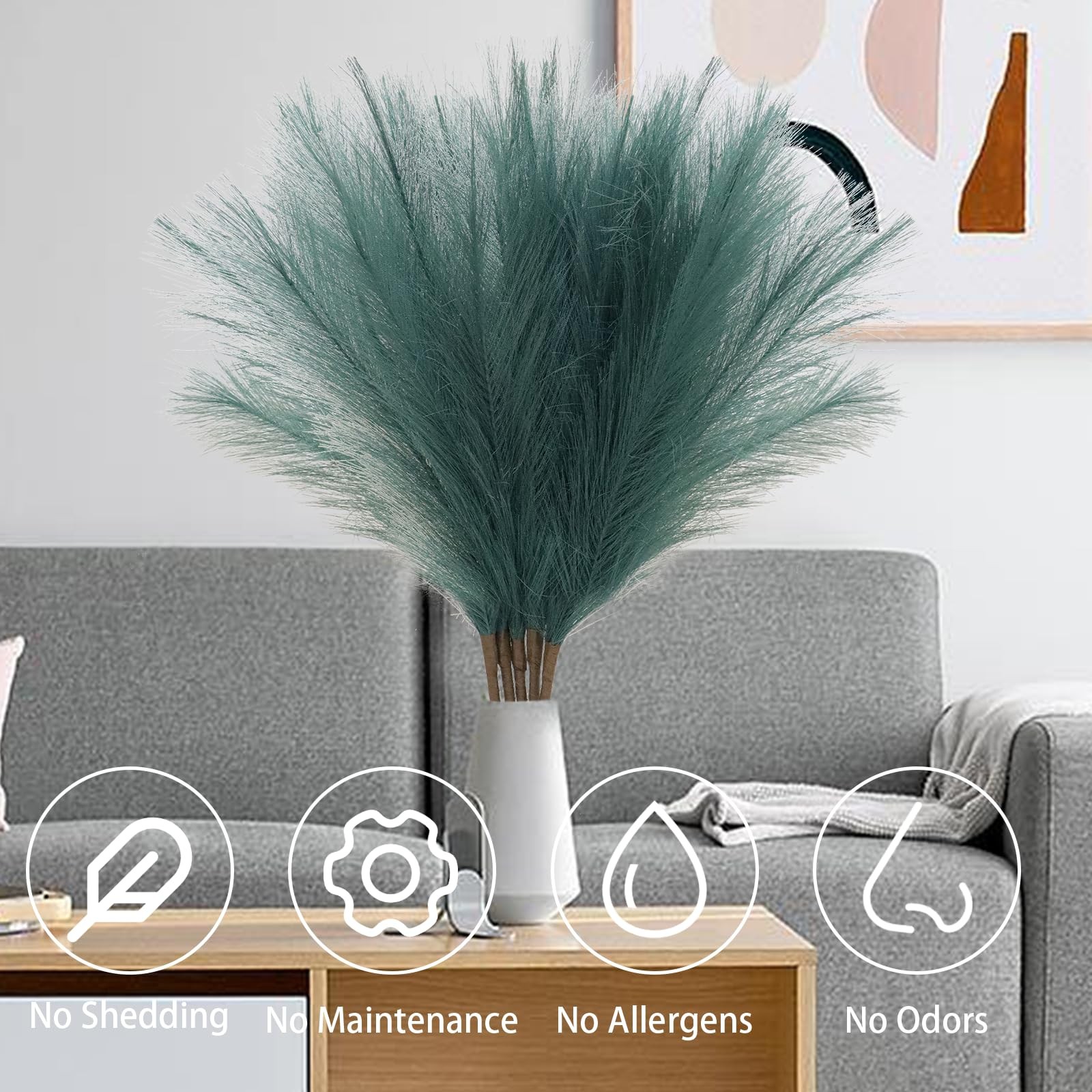 5 PCS 30″ Dark Green Pampas Grass Tall Fluffy, Detachable Faux Bulrush Reed G…