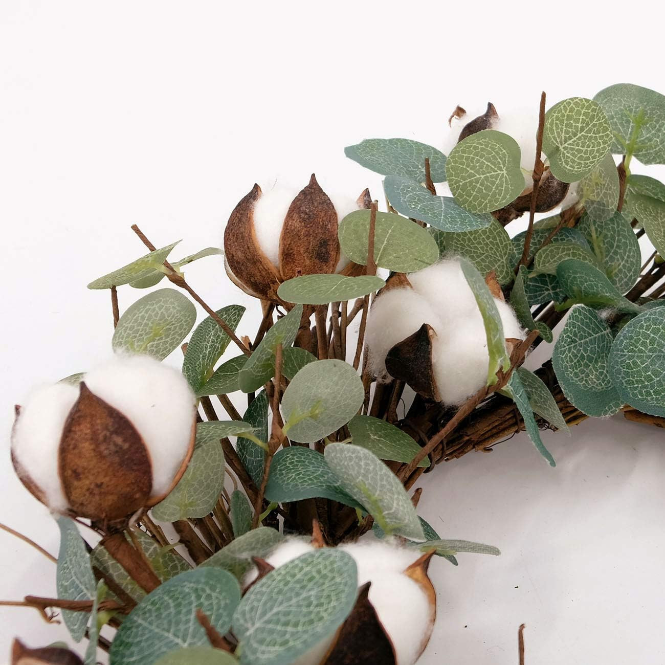 Eucalyptus and Cotton Wreath, 14 Inches Artificial Wreath on a Natural Twig Base