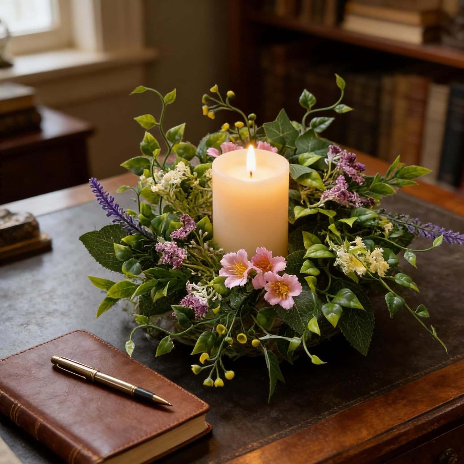 4 Pcs Small Spring Summer Candle Ring Wreaths with Artificial Pink Flower Purple