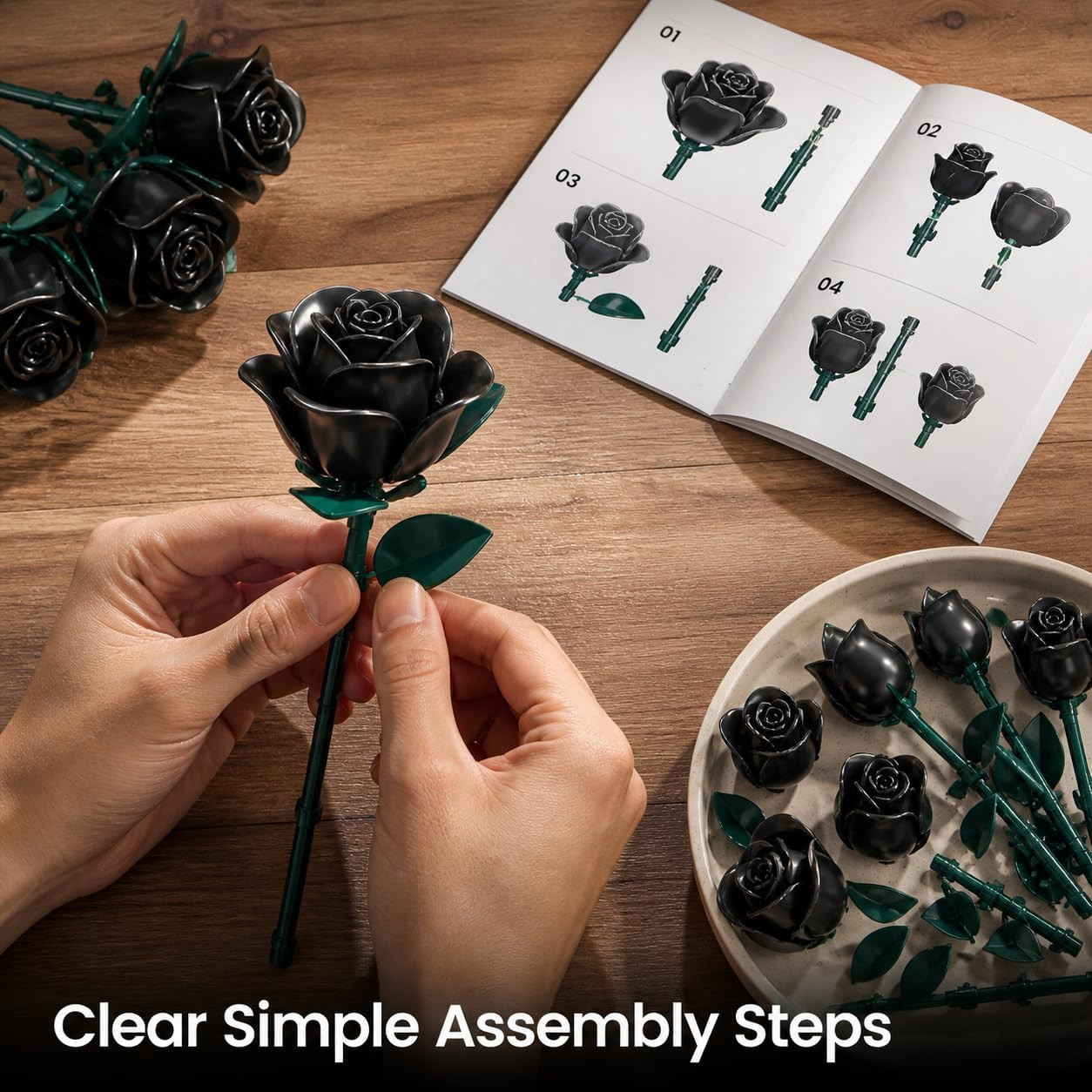 Black Roses Bouquet Building Set, 634Pcs Artificial Rose DIY Floral Home Office