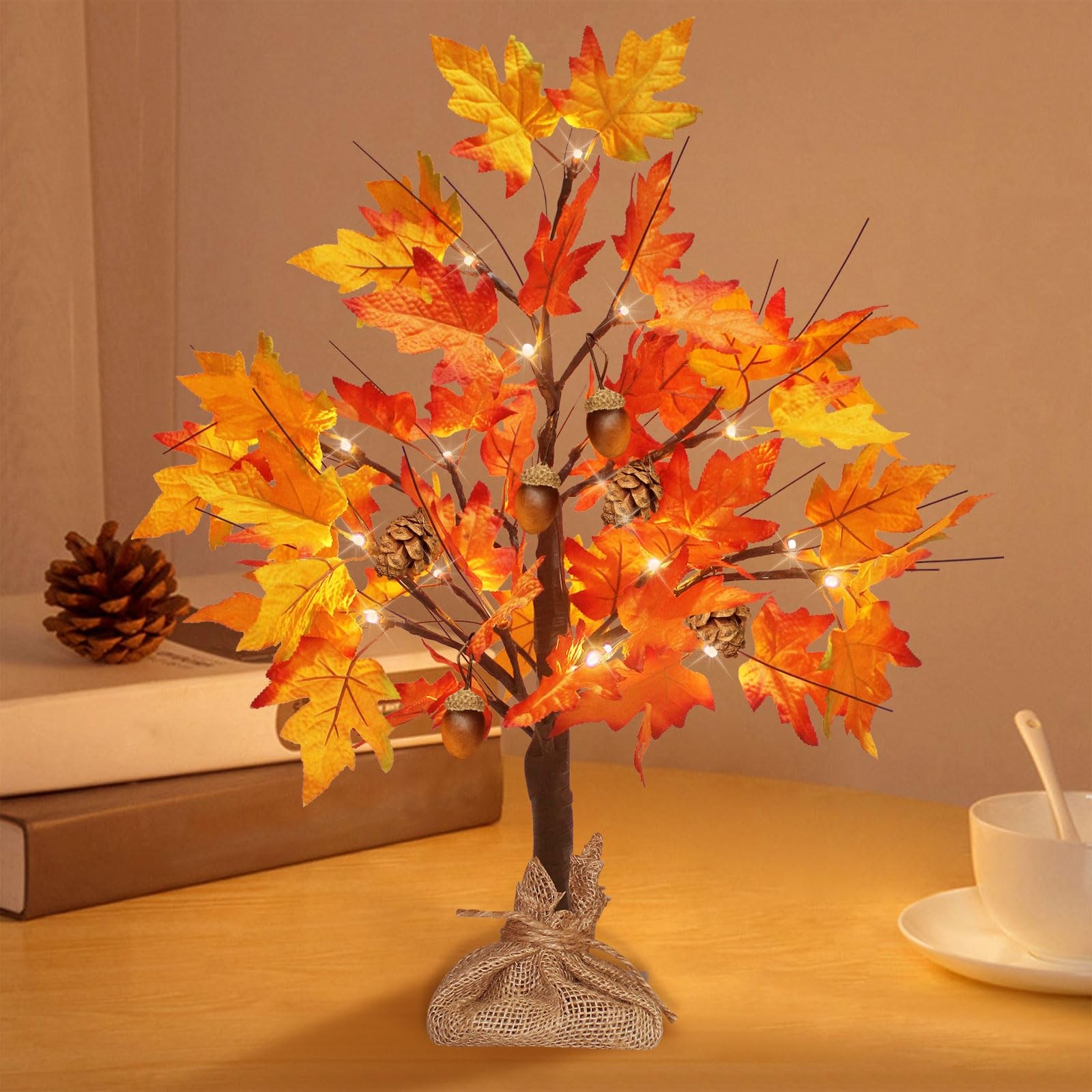 2FT 24 LED Fall Tree Lights USB/Battery Powered Lighted Maple 48 Leaves