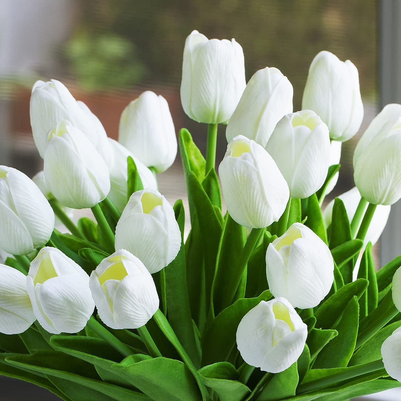 40× White Tulips Artificial Flowers with Baby’s Breath Silk Touch Faux Bouquet