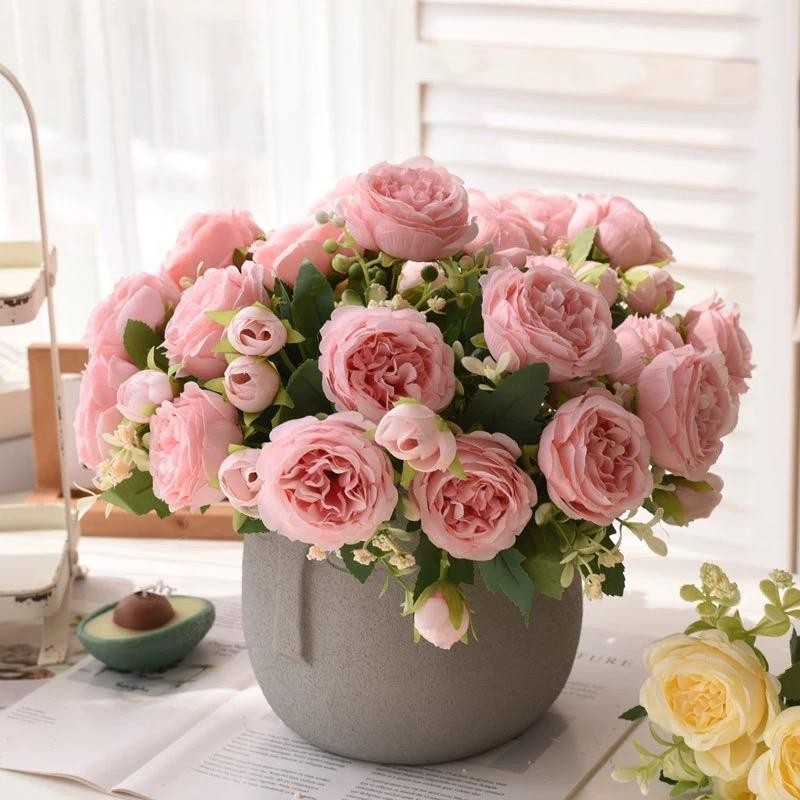 Rose Pink Peony Silk Bouquet 5 Heads 4 Buds Artificial Flower Wedding Home Decor