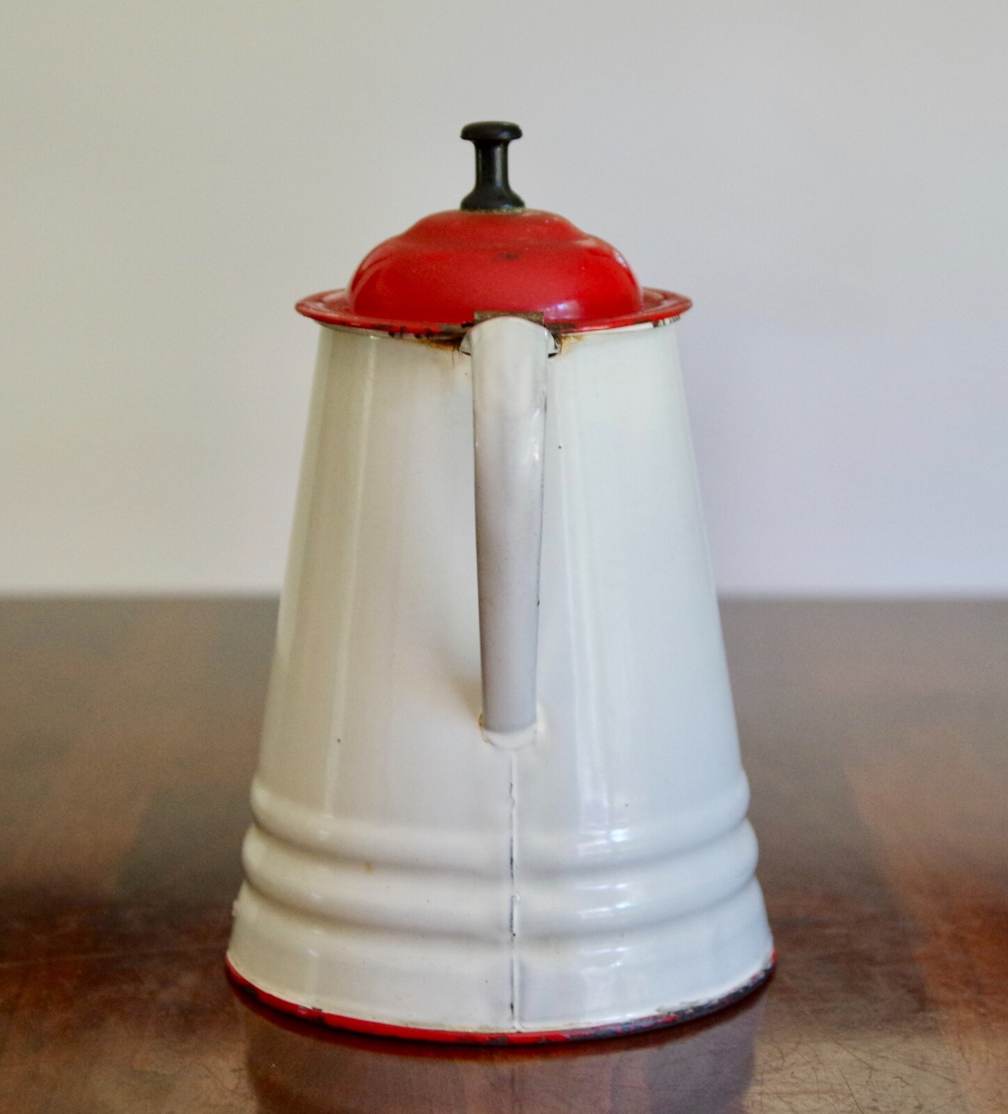 Silk Red and Purple Arrangement in Vintage Enamel Red & White Cowboy Coffee Pot