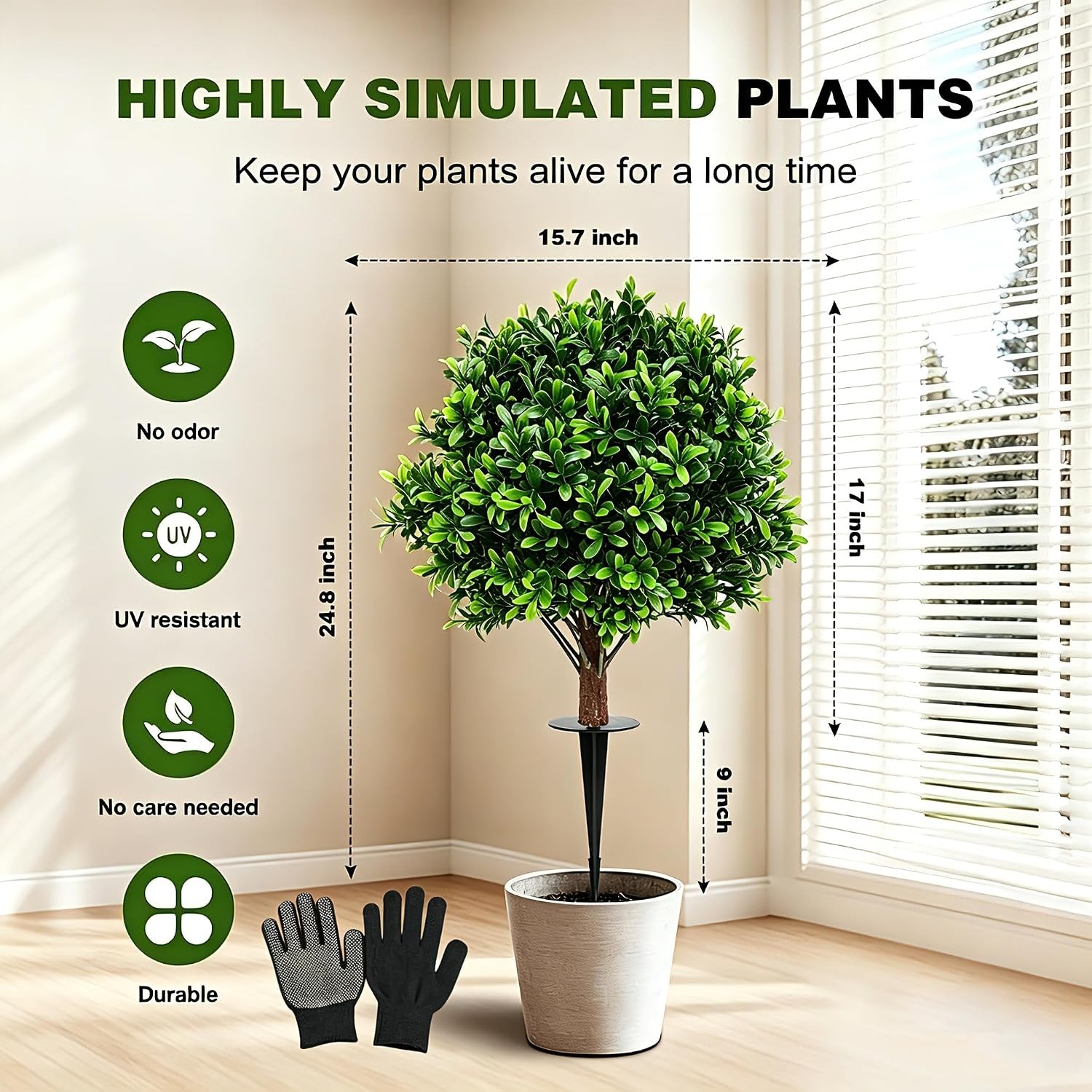 Set of 2 Artificial Boxwood Topiary Ball Trees with Ground Spike, 26 Inches UV