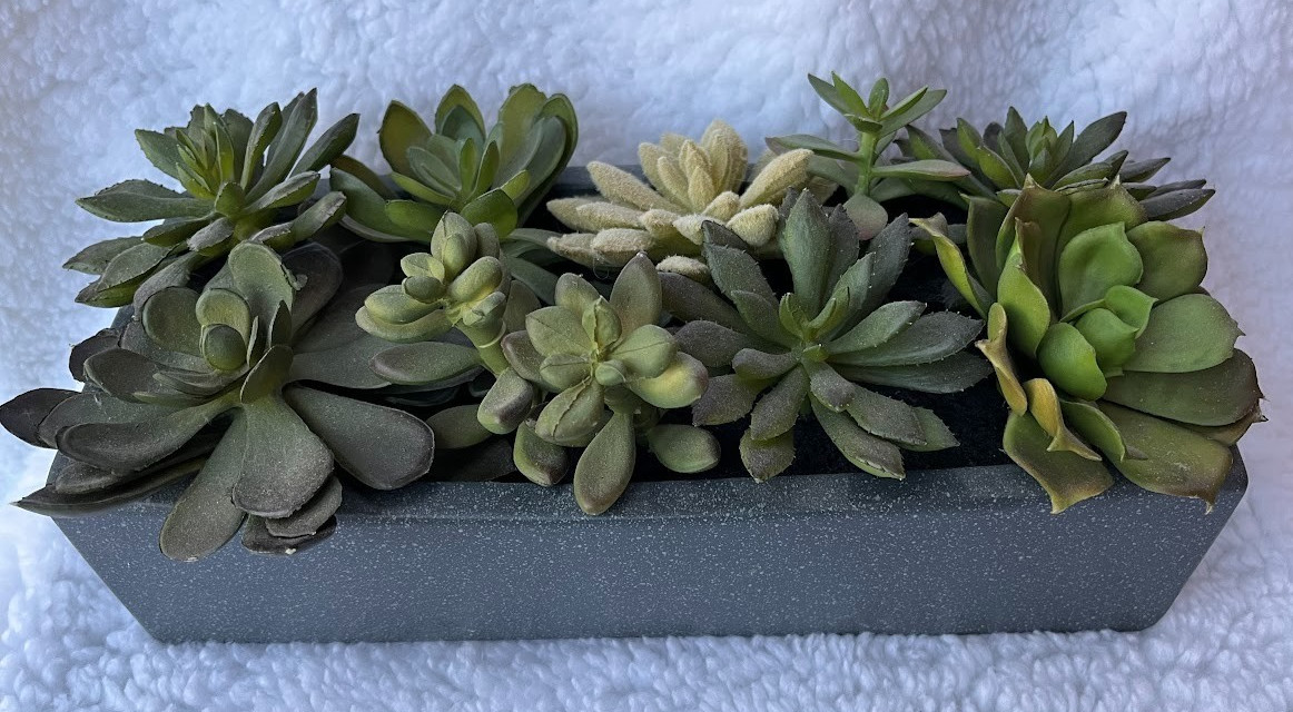 CRATE & BARREL ~ FAUX SUCCULENT ARRANGEMENT IN GRAY CERAMIC PLANTER ~ 12″x5″x3″