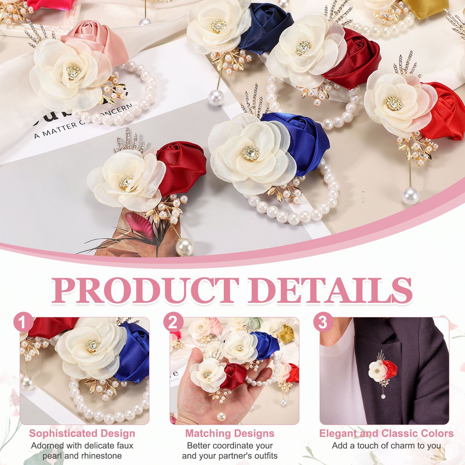 3 Sets Wrist Corsage and Boutonnieres Set for Wedding Groom Bride, Apricot