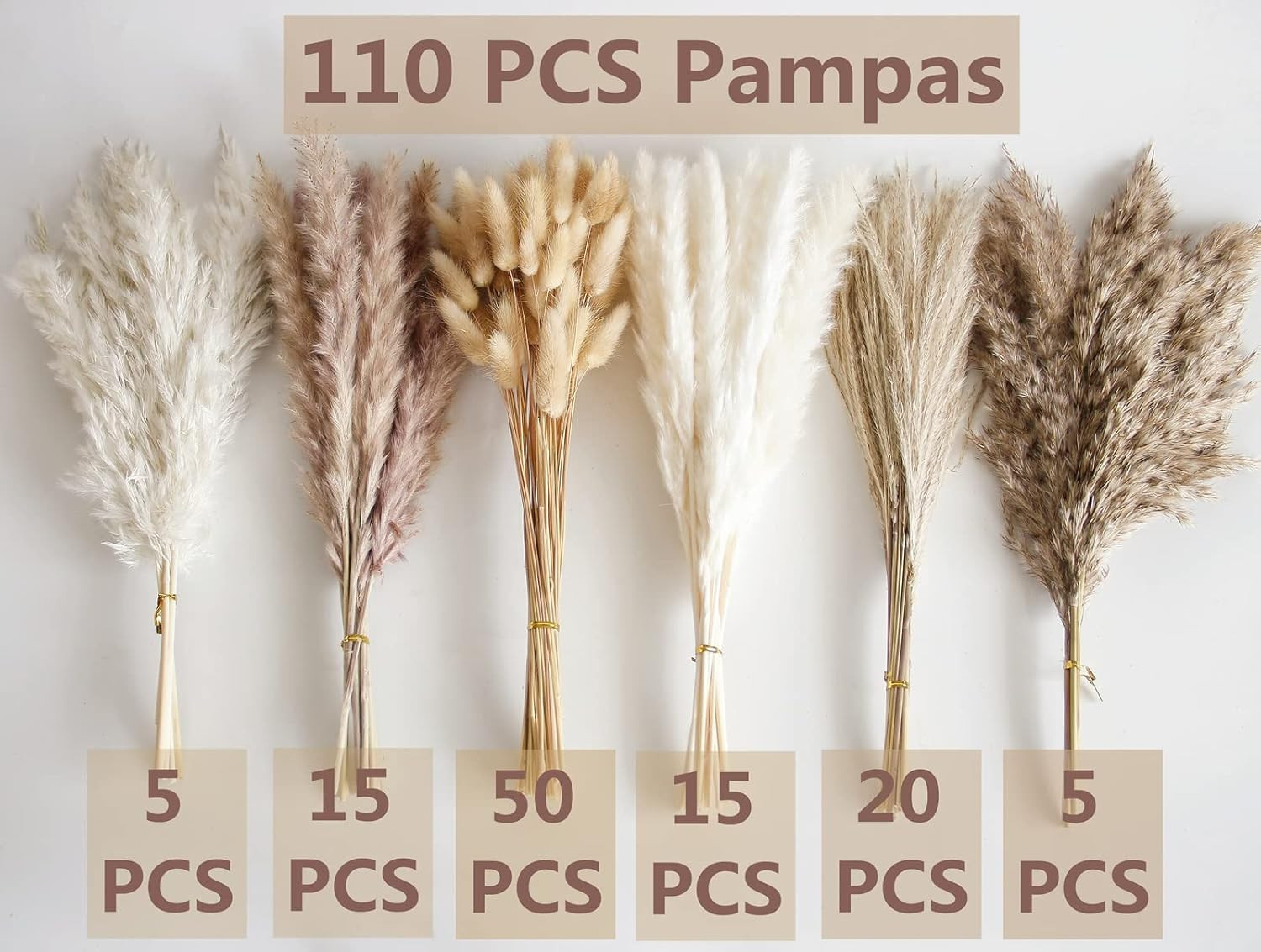 110 PCS Dried Pampas Grass Bouquet, Boho Table Decor, Bunny Tails Dried Flowers,