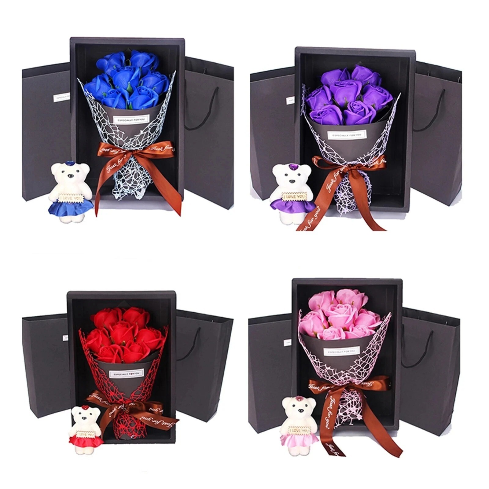 Valentine’s Day Artificial Flowers 7 Rose Soap Bouquet Gift Box Teddy Bear
