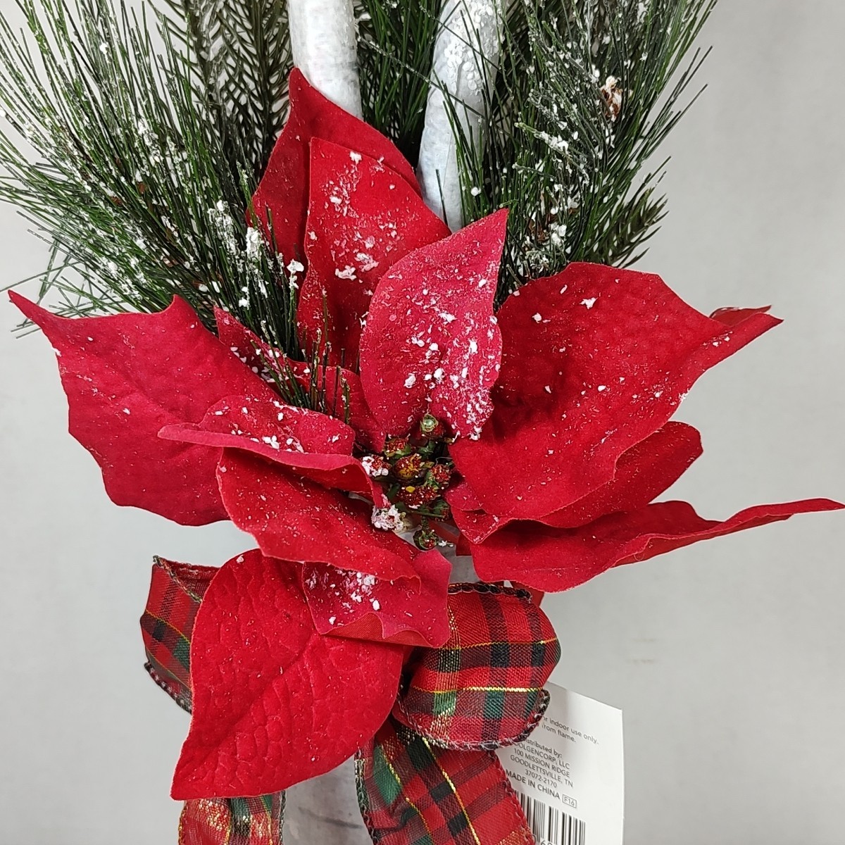 Red Plaid Holiday Christmas Flower Floral Bouquet Arrangement Poinsettia Birch
