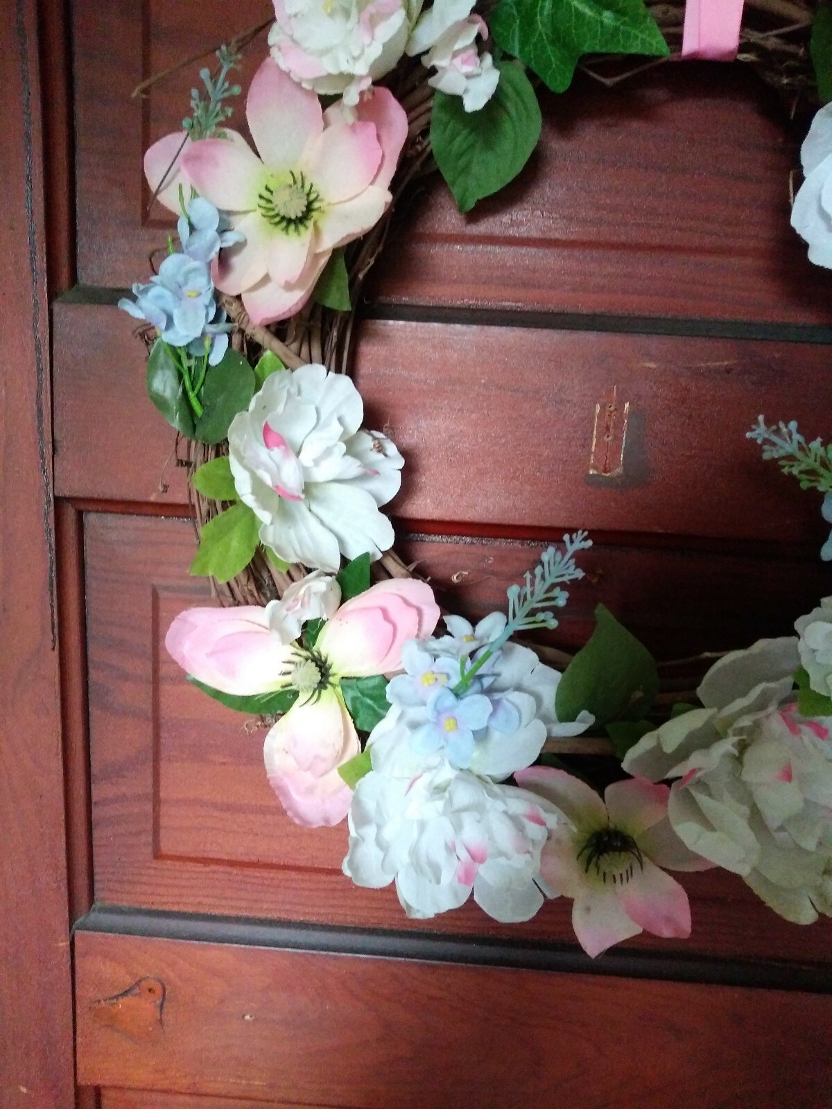 Springtime Pink, White And Blue Flowers W/green Leaves Grapevine Wreath…
