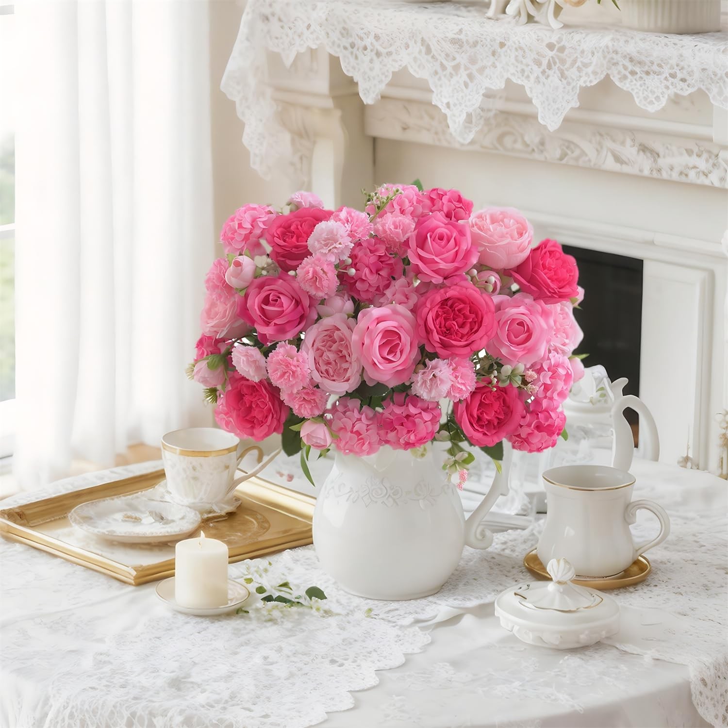 8 Pcs Mixed Artificial Peony Flowers Set-4 Bouquets & 4 Stems, Pink Fake Peon…