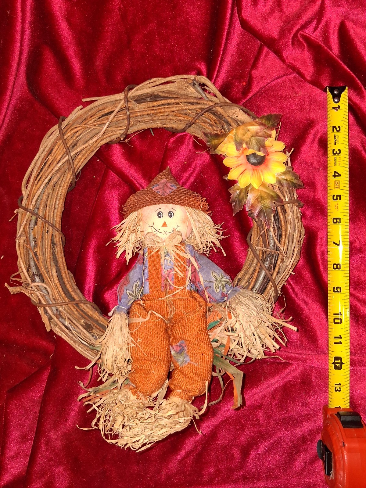 Vintage Handmade Scarecrow Grapevine Wreath with Sunflower – Fall Thanksgiving