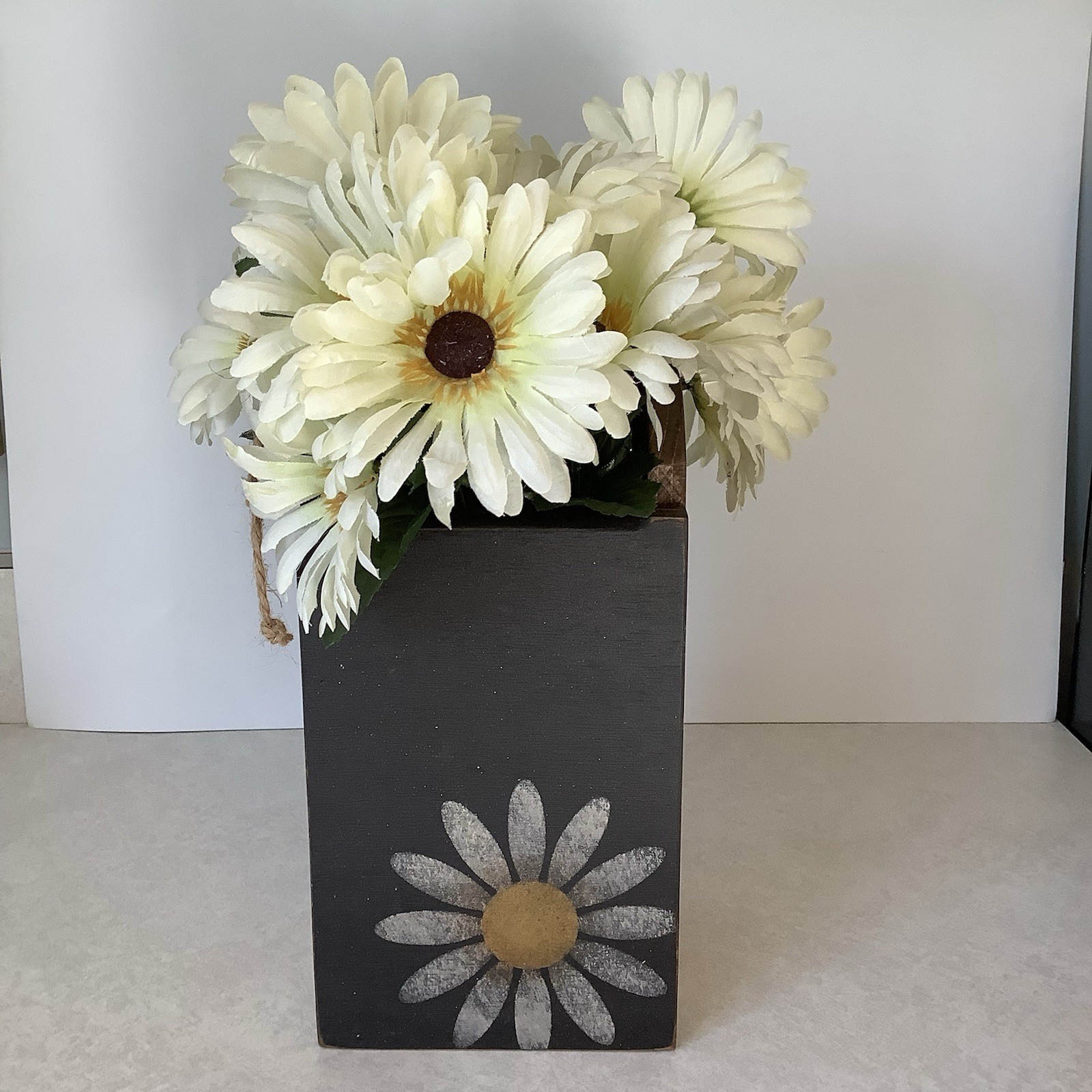 Artificial Flower Arrangement – White Daisies Painted Black Wood Box FOLK ART