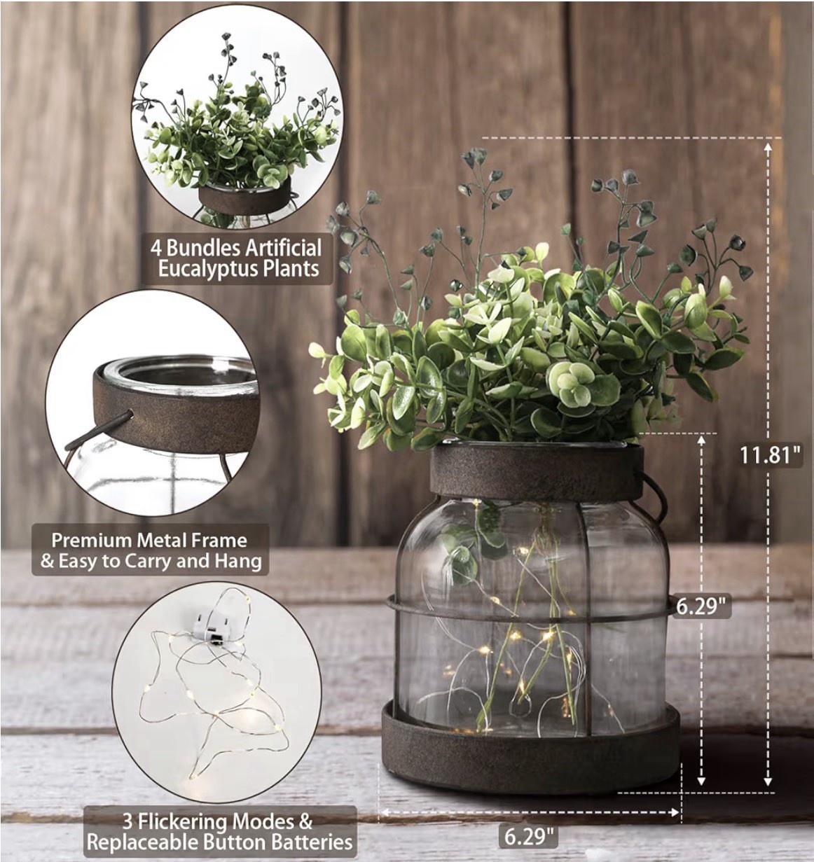 Artificial Eucalyptus Arrangement with LED Lights in Glass Jar, 11.81″