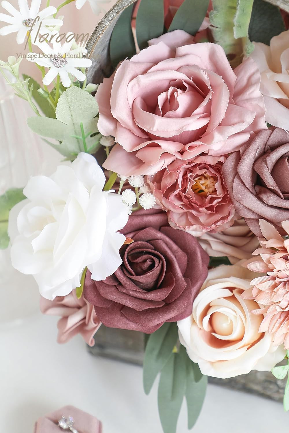 Dusty Rose Mauve Artificial Flowers Fake Roses Peony and Greenery Combo Box Set