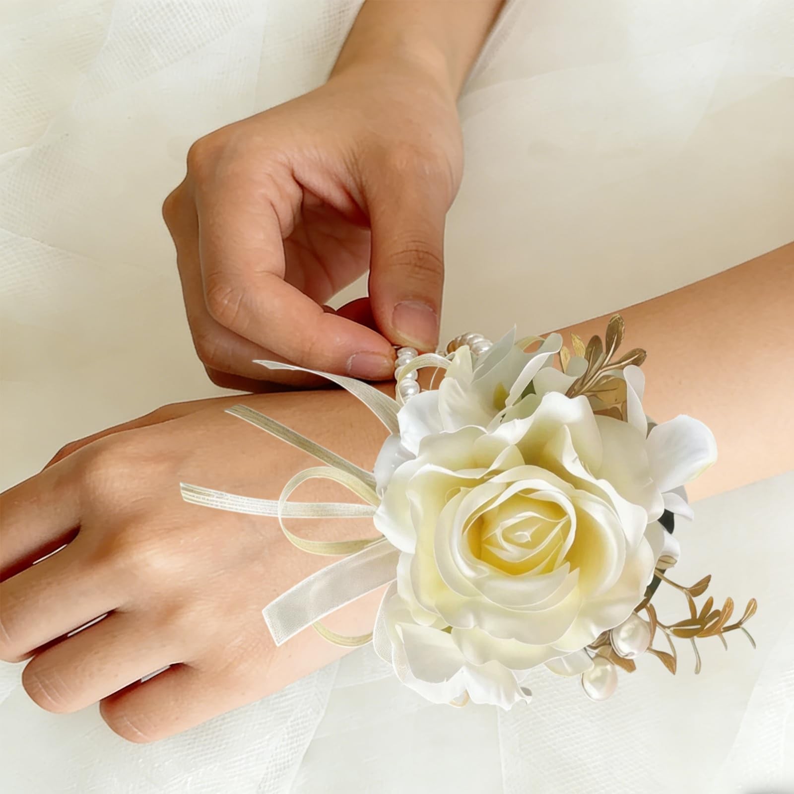 Champagne Wedding Corsage and Boutonniere Set – Silk Flower Wrist Corsage Bra…