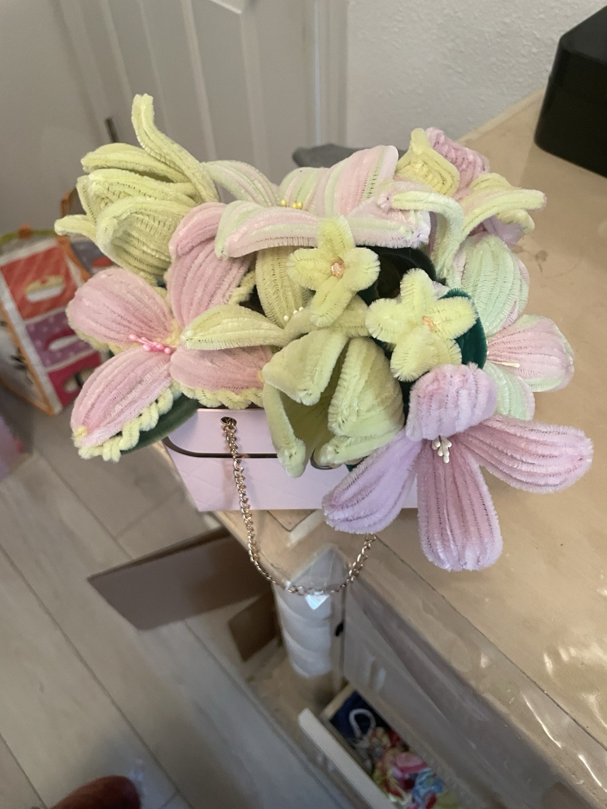 Pink & yellow pipe cleaner flower bouquet w purse, gift bag anniversary birthday