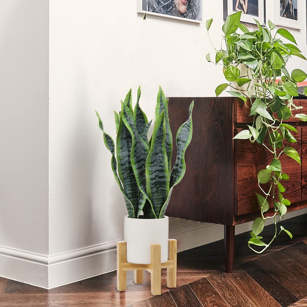 19″ Artificial Snake Plant in White Ceramic Pot with Solid Wood Stand Faux