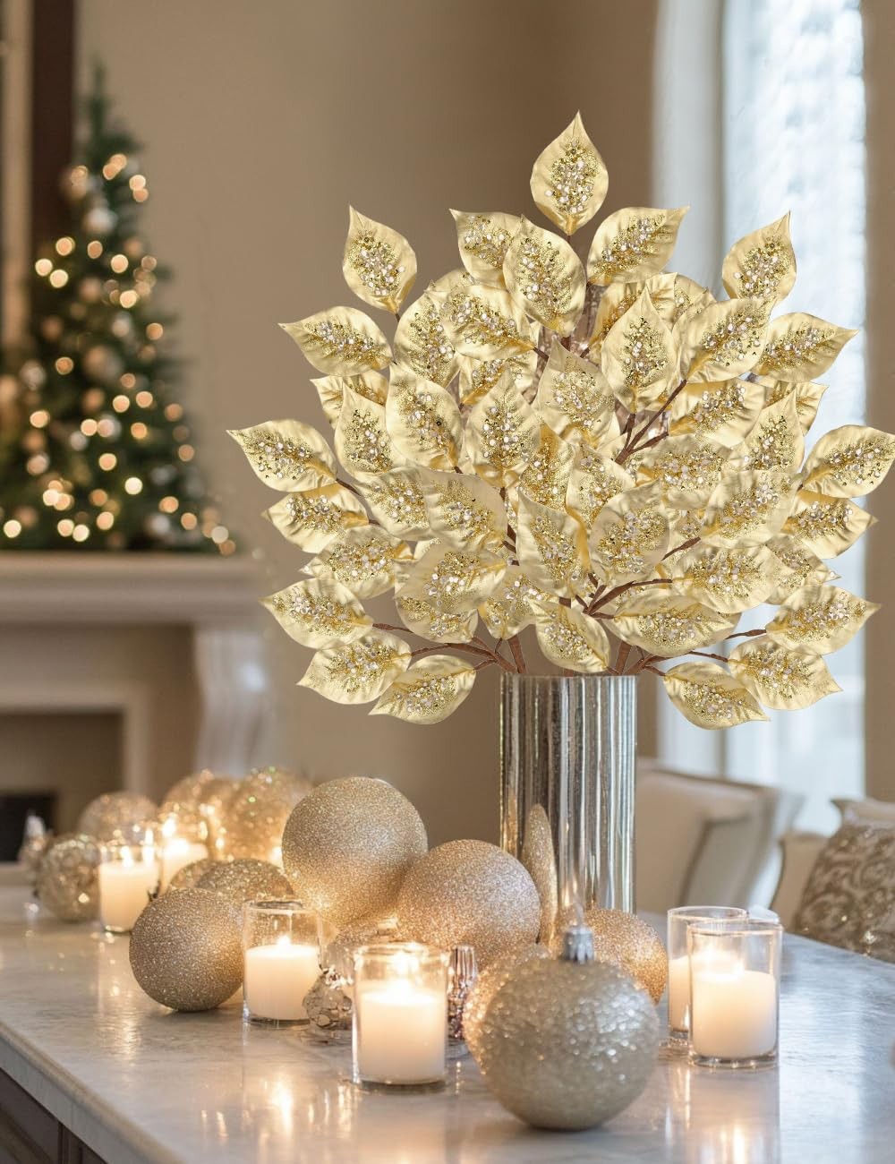 Christmas Tree Picks and Sprays 31.5″ Gold Atrificial Elm Leaves with Stems 3…