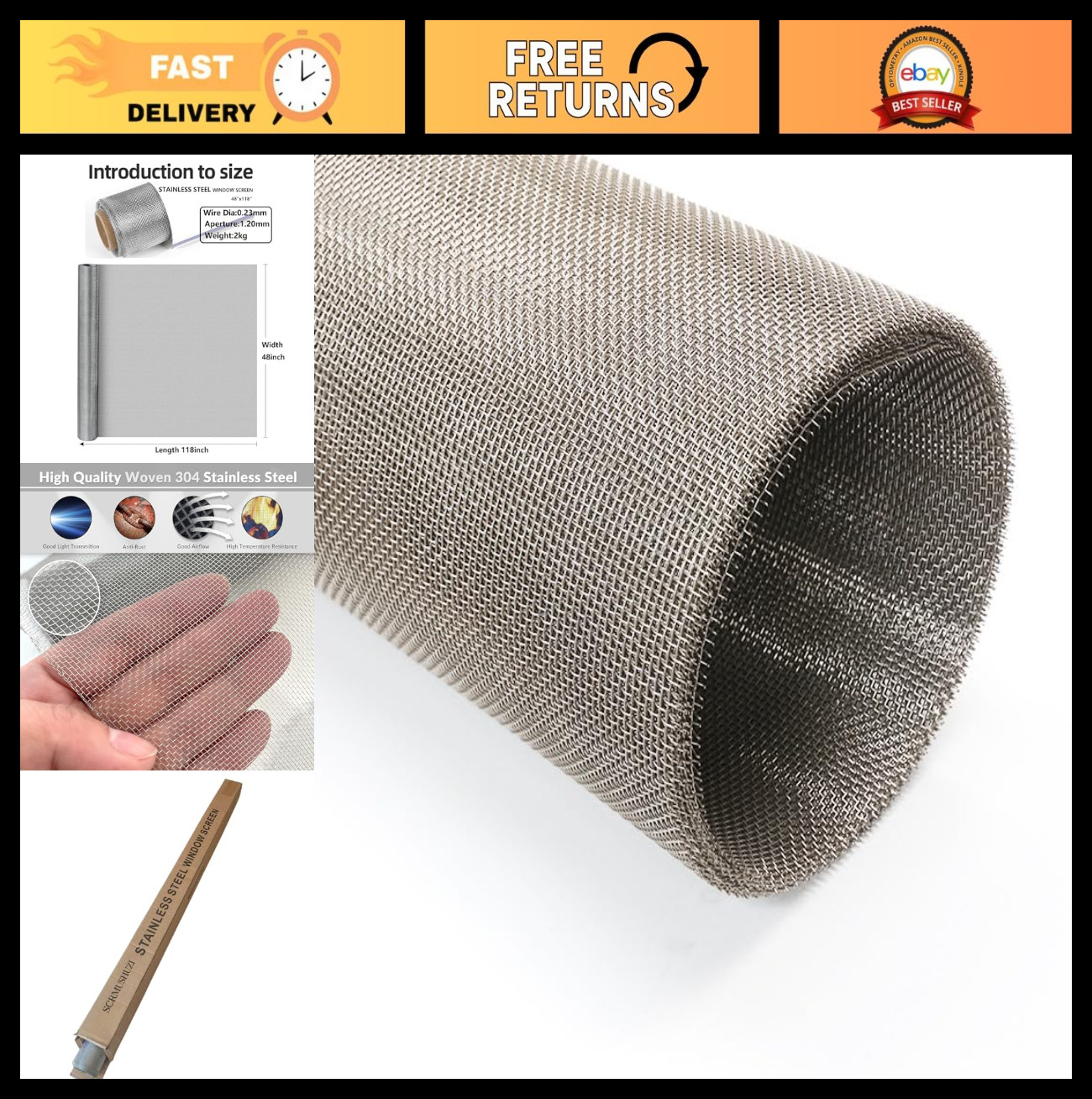 Heavy-Duty Stainless Steel Mesh Screen 48″x118″ – 304 Wire Dia 0.23mm, #18 Mesh