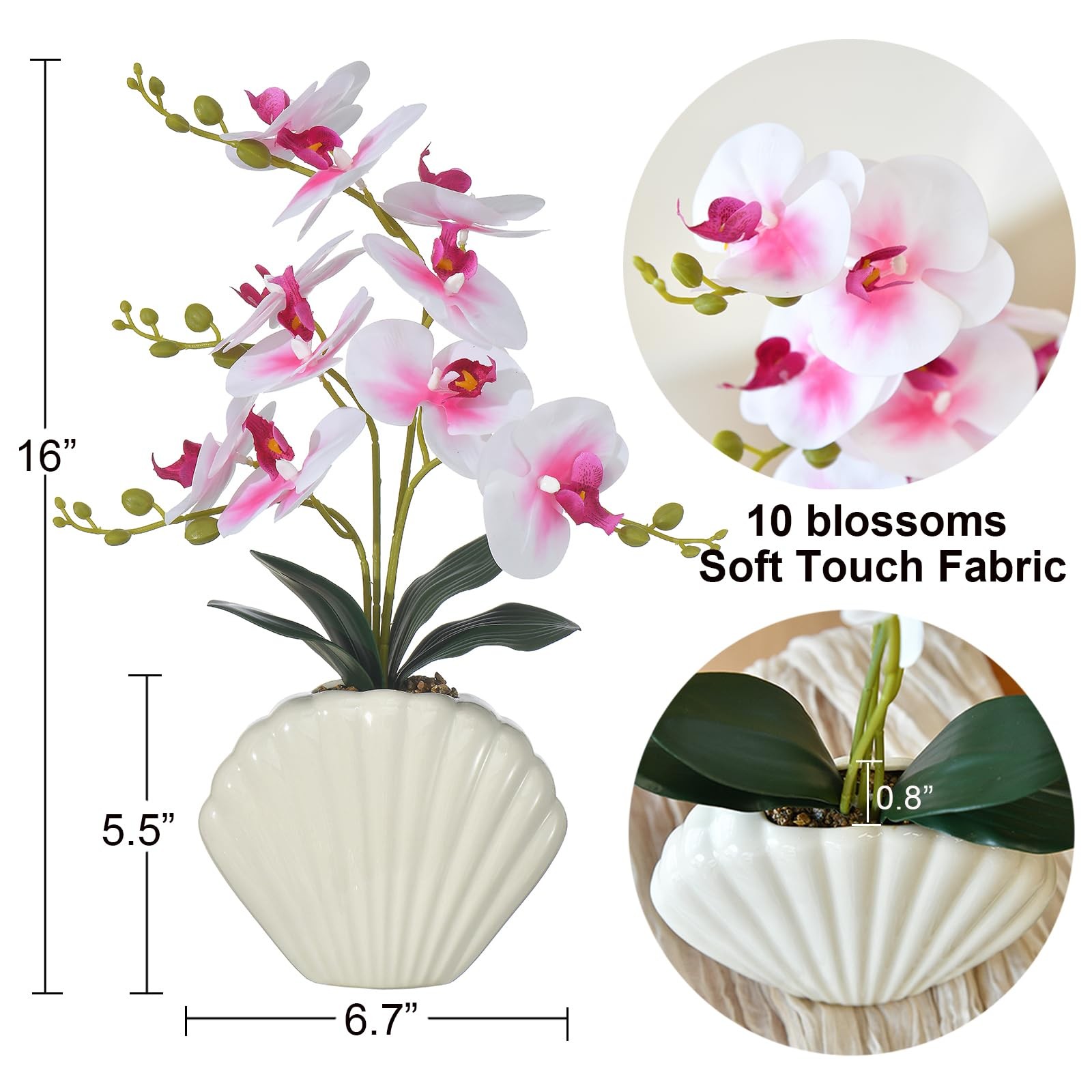 16 Inch Artificial Phalaenopsis Silk Orchid Plant Seashell Pot White Pink