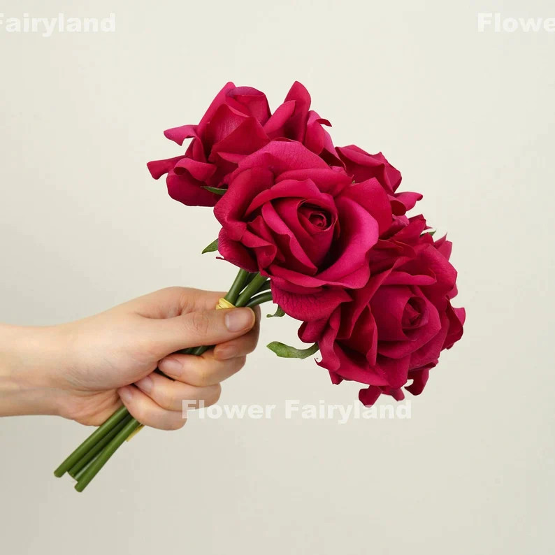 5 Stems Real Touch Moist Latex Rose Bouquet – Magenta | Artificial Flower
