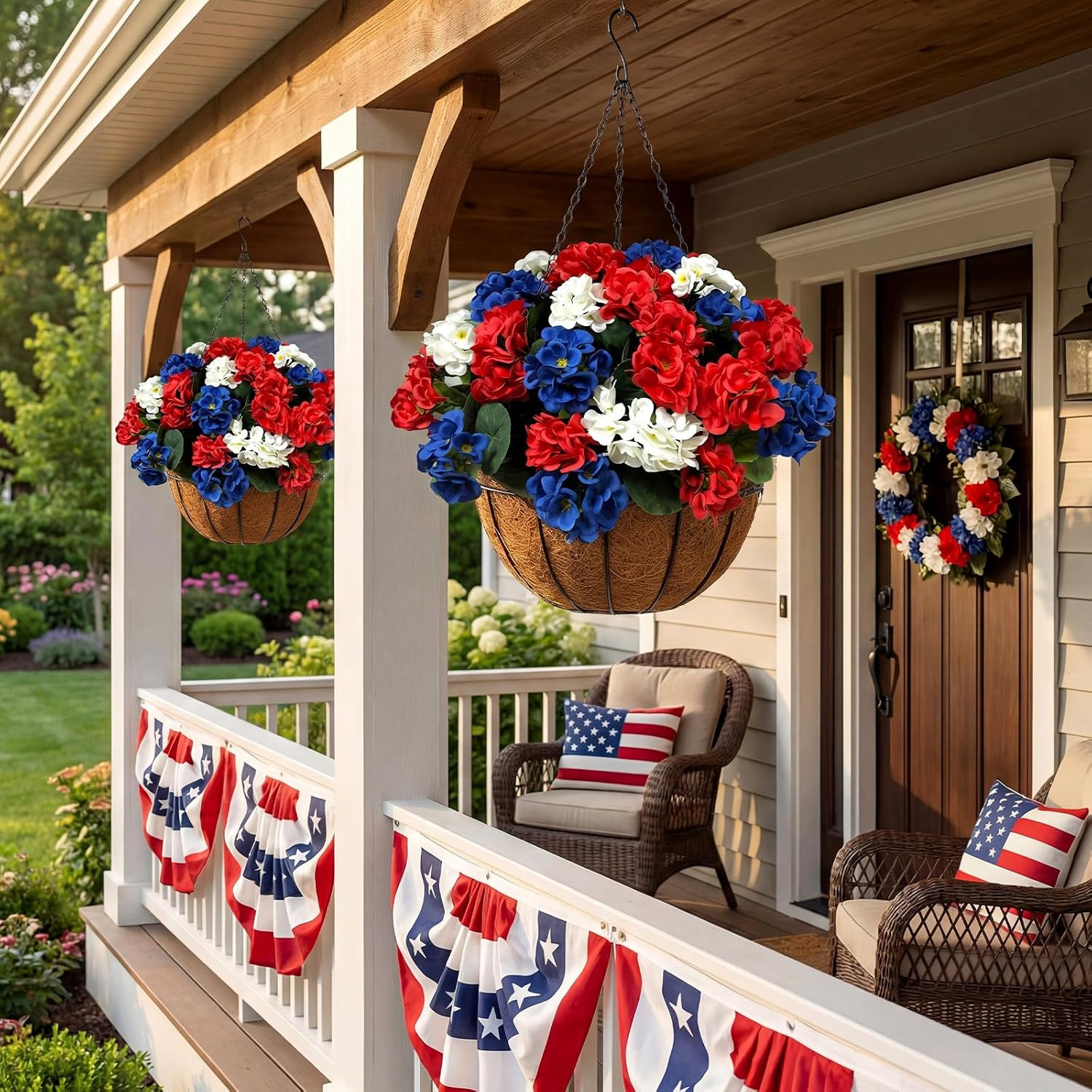 Patriotic Red White Blue Hanging Basket – 4th of July Decor for Your Home