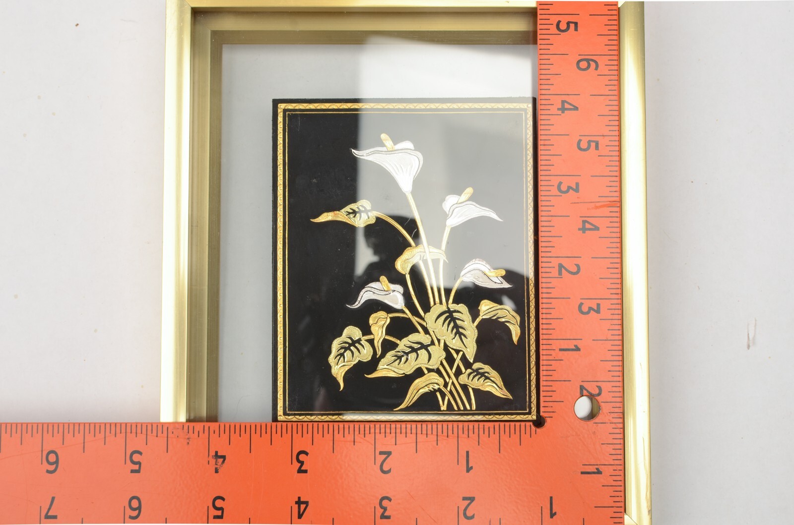 Damascene Floral Calla Lily Decoration 24K Gold Toledo Spain Framed 3.25 x 4 in