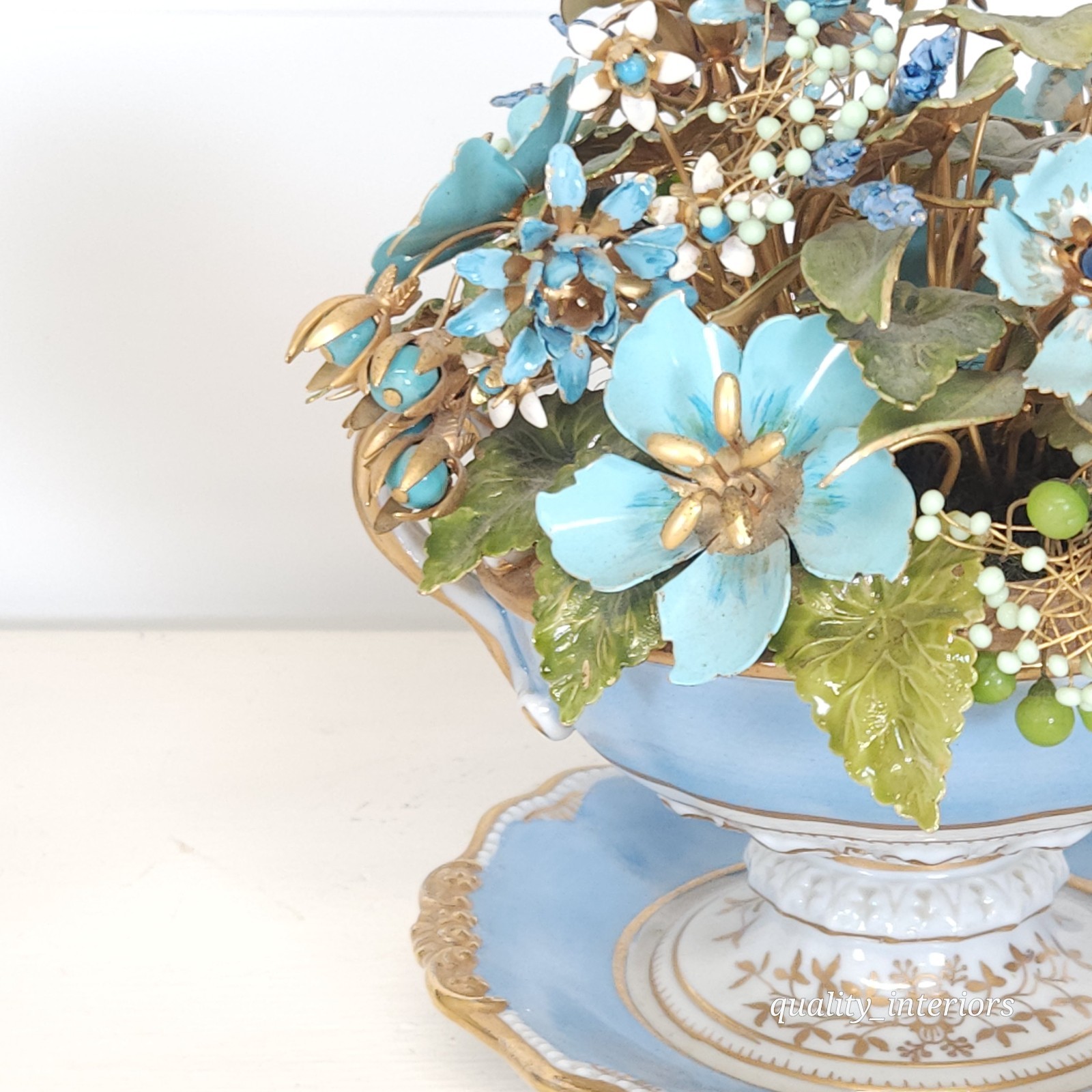 Pair Jane Hutcheson for Gorham Blue 2 Handled Teacup & Saucer Floral Arrangement
