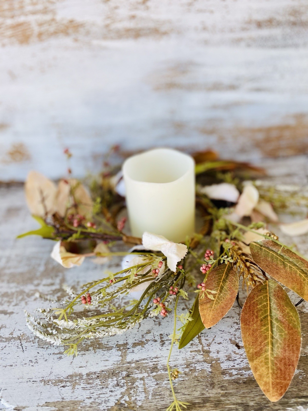 Cotton & Leaves Ring Fall Centerpiece Farmhouse Decor