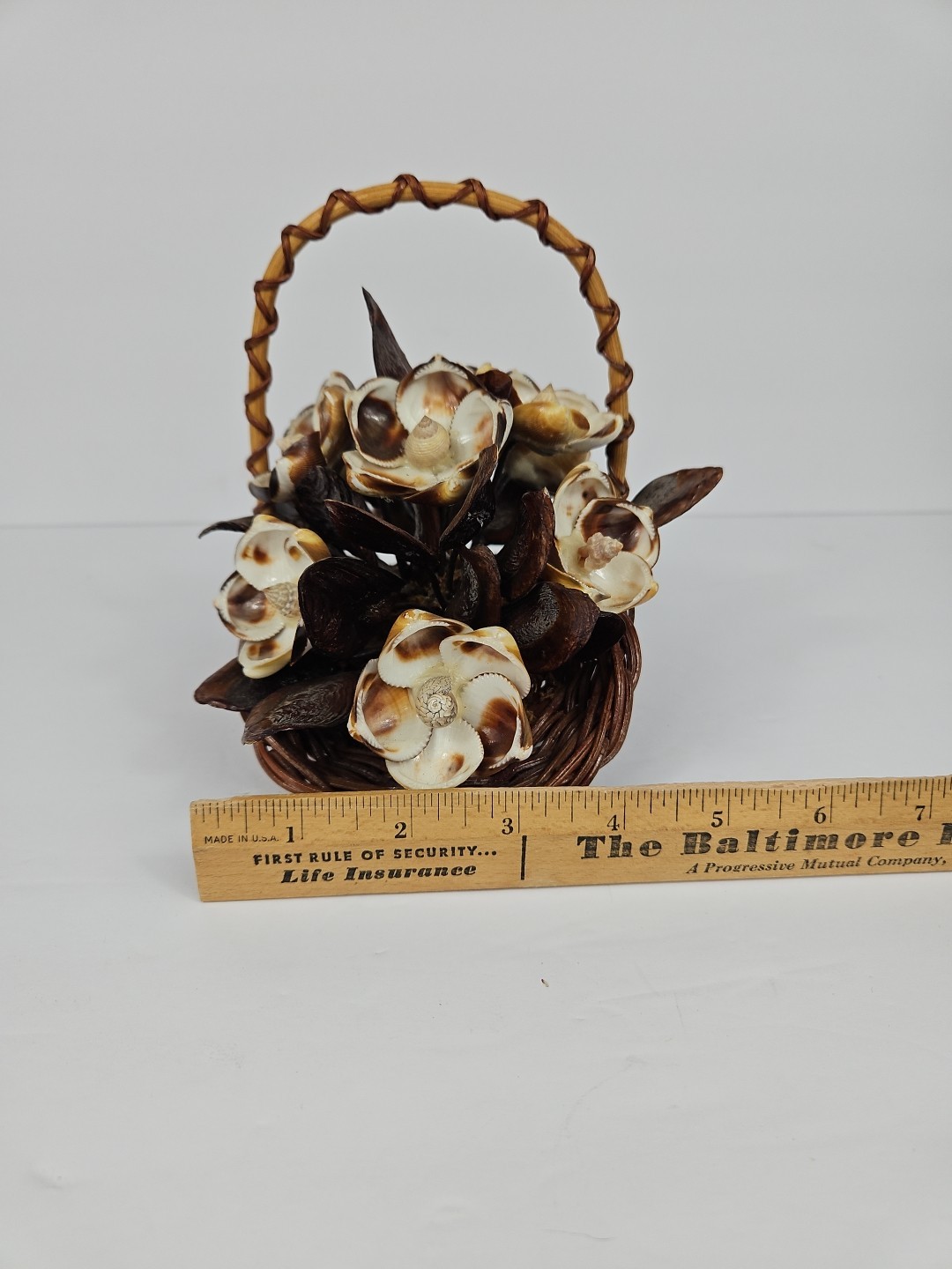Seashell Art Floral Arrangement In Basket BOHO Vintage handmade decor 6 1/2″tall
