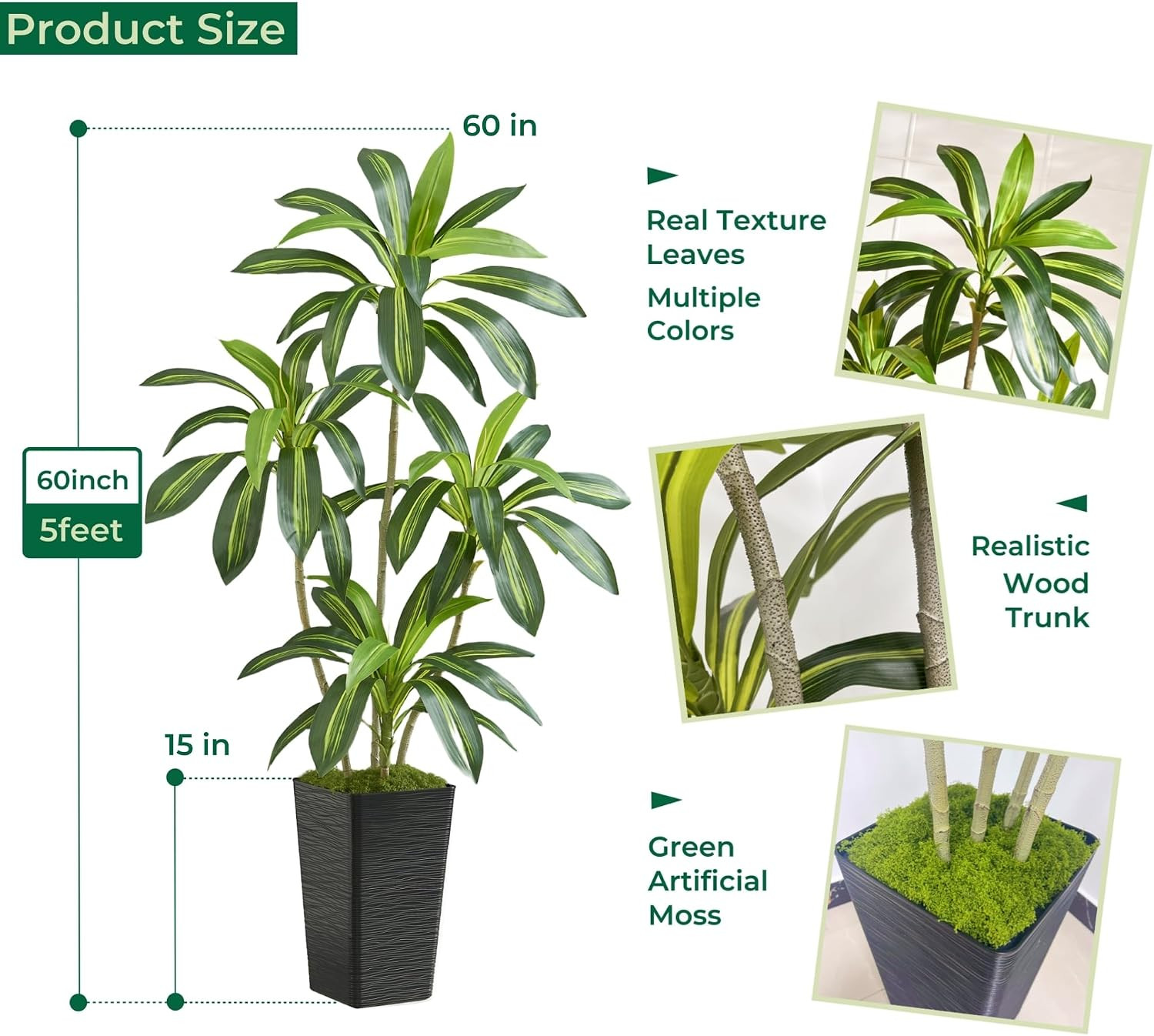 5FT Artificial Dracaena Tree with Black Planter and Fake Moss – Real Touch Fake