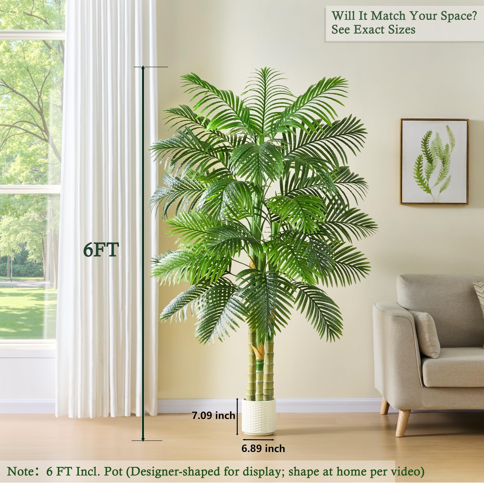 TNGGNT Artificial Golden Cane Palm Tree：6T Fake Large Tropical Areca Palm Trees