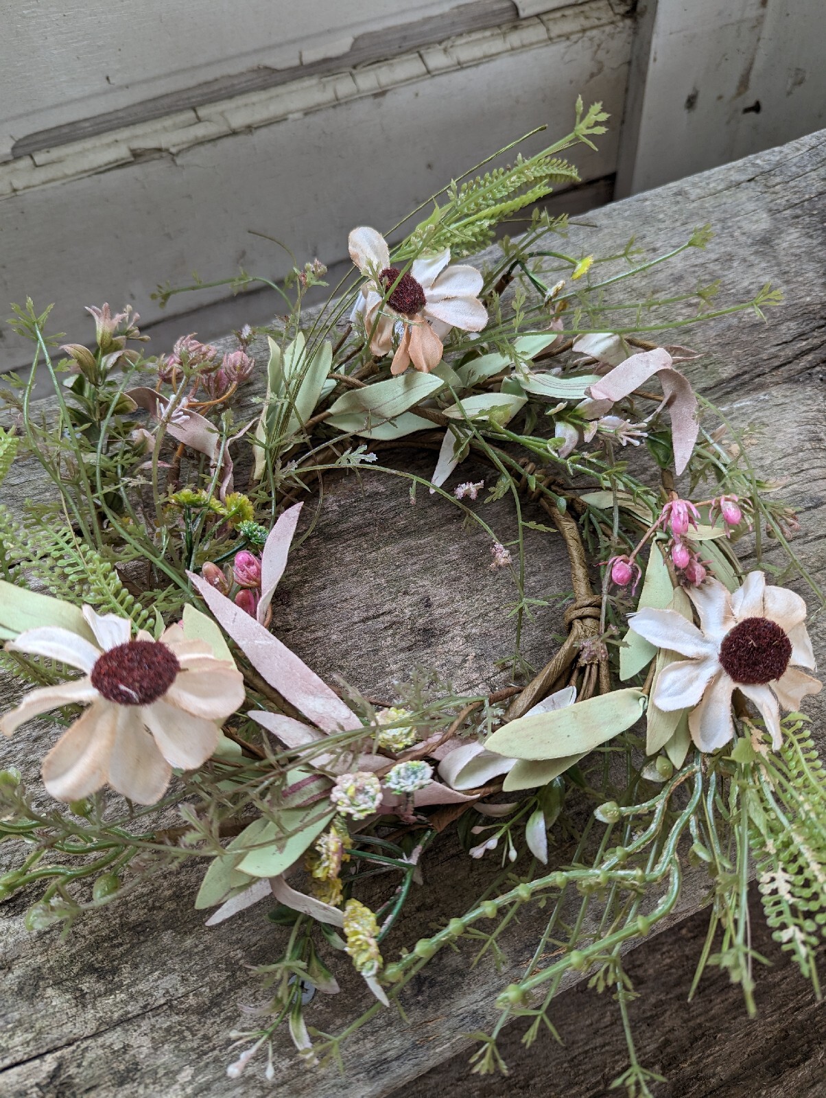 New TEA STAIN DAISY CANDLE RING Floral Grass Wreath 4.5″ Farmhouse Sunflower