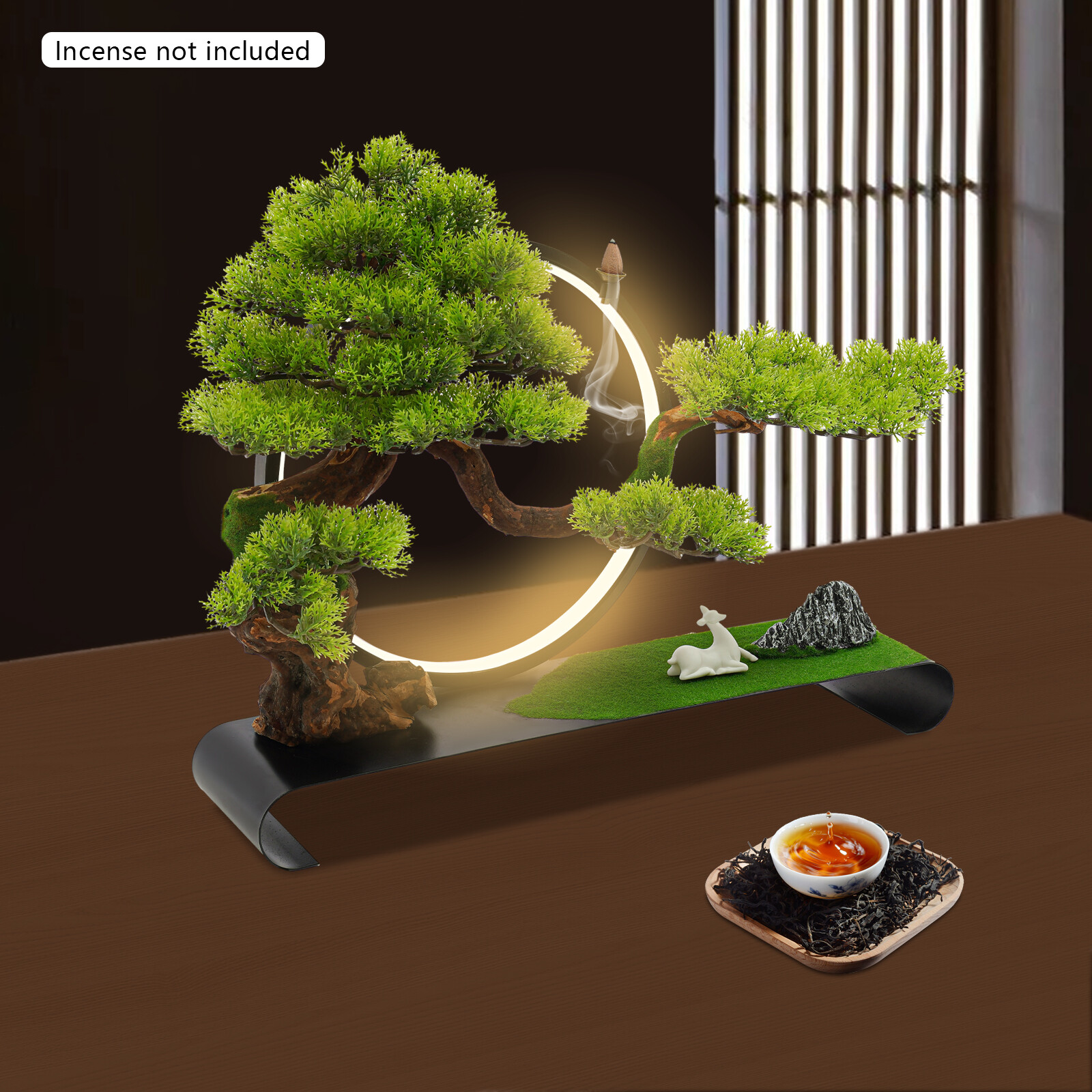 Zen Artificial Pine Tree with Lamp Rings Decoration for Backflow Incense 110V