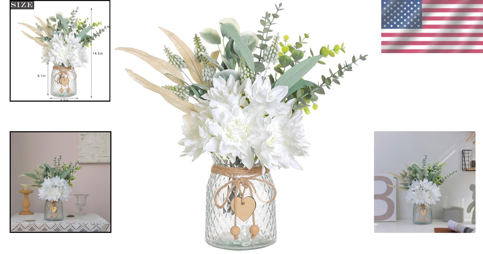Beautiful Faux Dahlia and Eucalyptus Flowers in Vase – 14.5