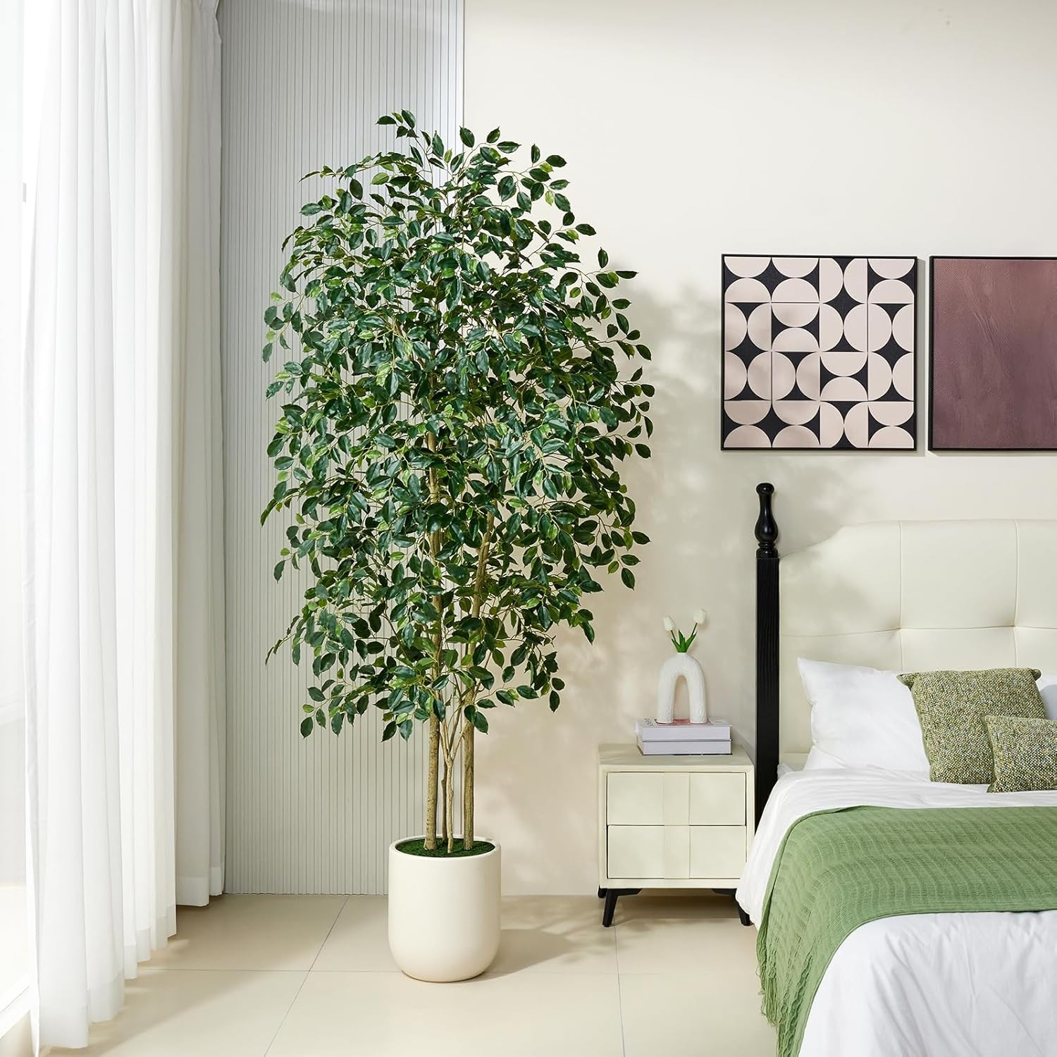 7FT Faux Ficus Tree in White Planter – Realistic Indoor Floor Plant Decor