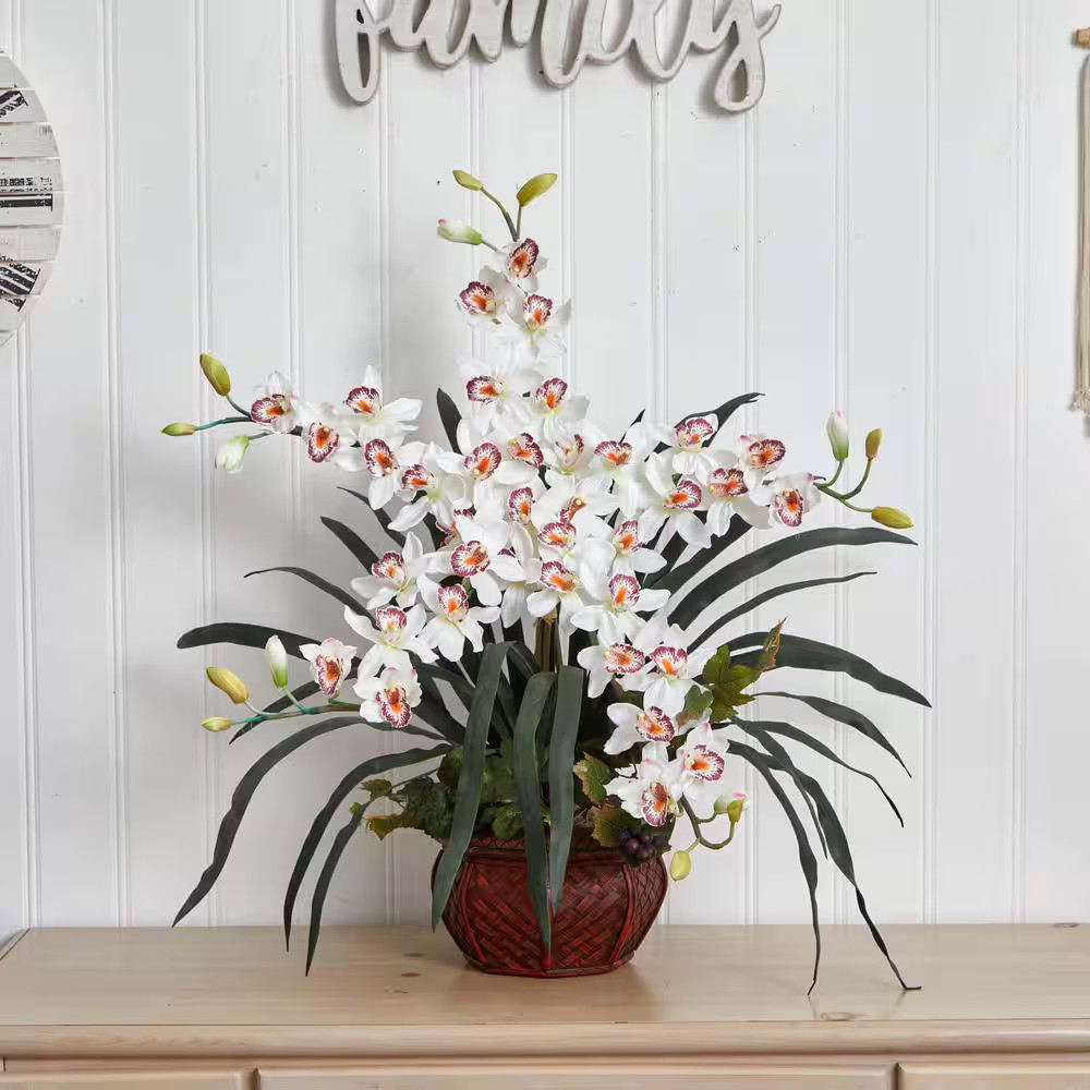 30 In. Artificial H White Cymbidium with Decorative Vase Silk Arrangement