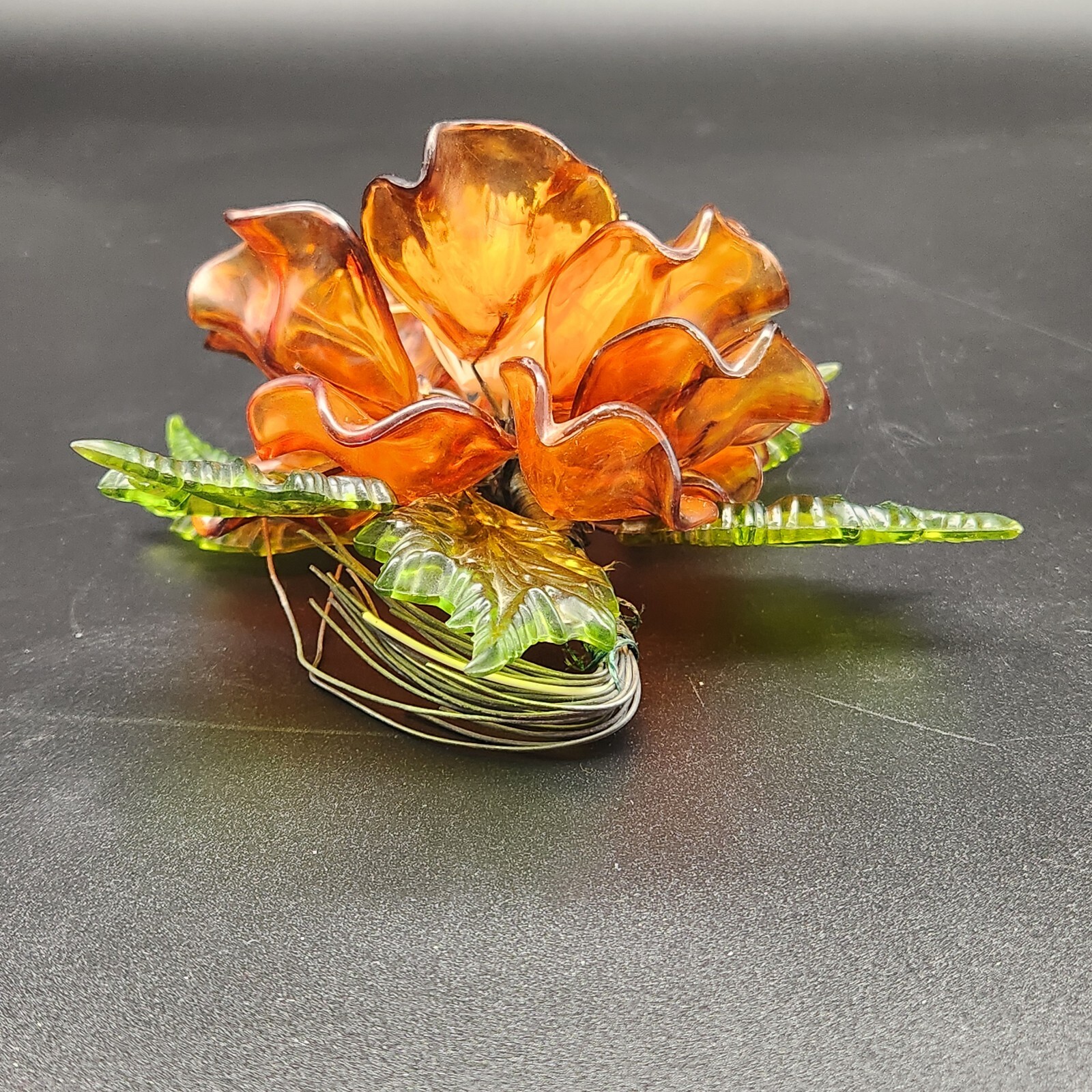 Vtg MCM Lucite Magnolia Flower & Leaves Wired Floral Arrangement Acrylic 7.5 x 7